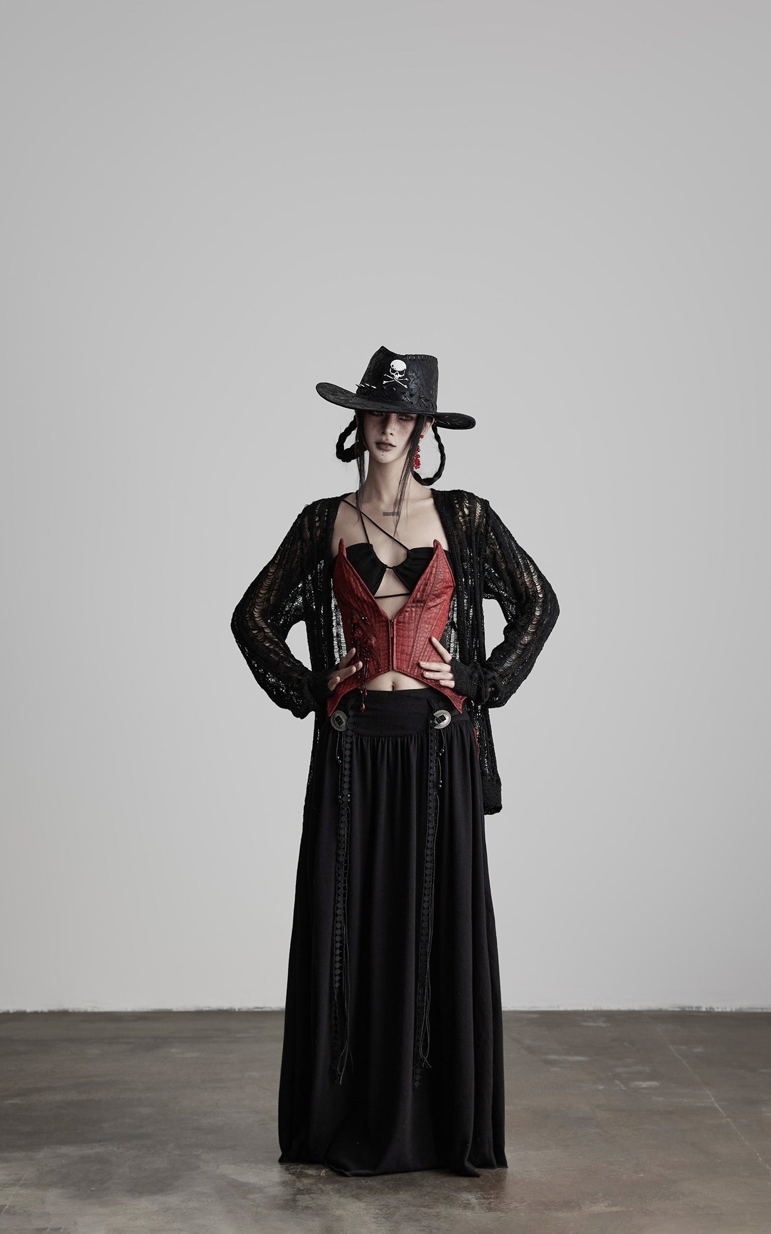 DOINDULGE Draped Maxi Skirt with Embroidered Tassel Straps