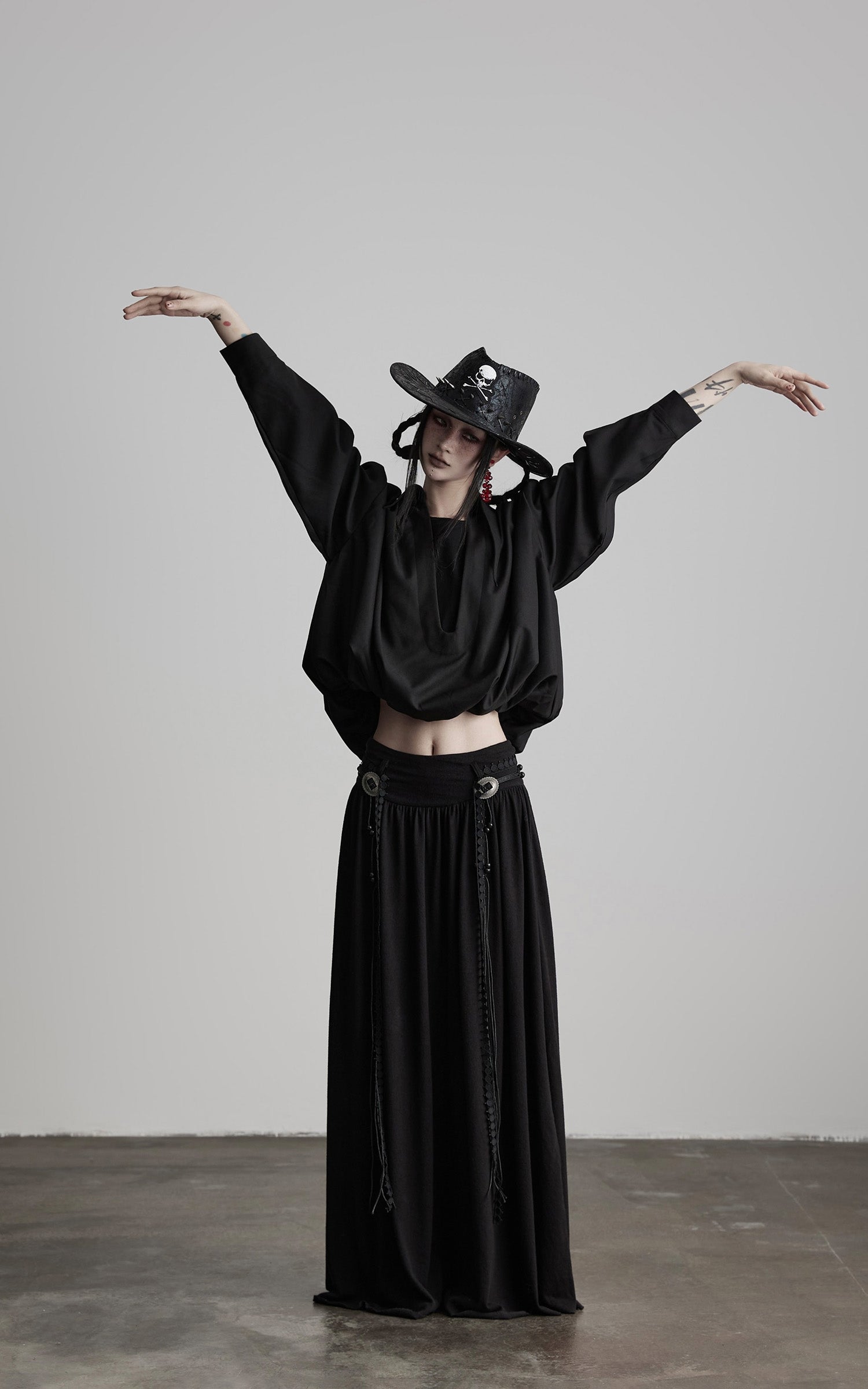 DOINDULGE Draped Maxi Skirt with Embroidered Tassel Straps