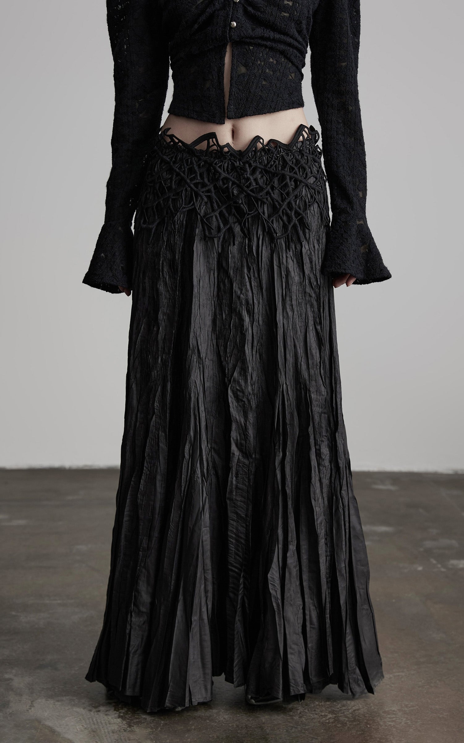 DOINDULGE Crushed Maxi Skirt with 3D Knotwork Waistband