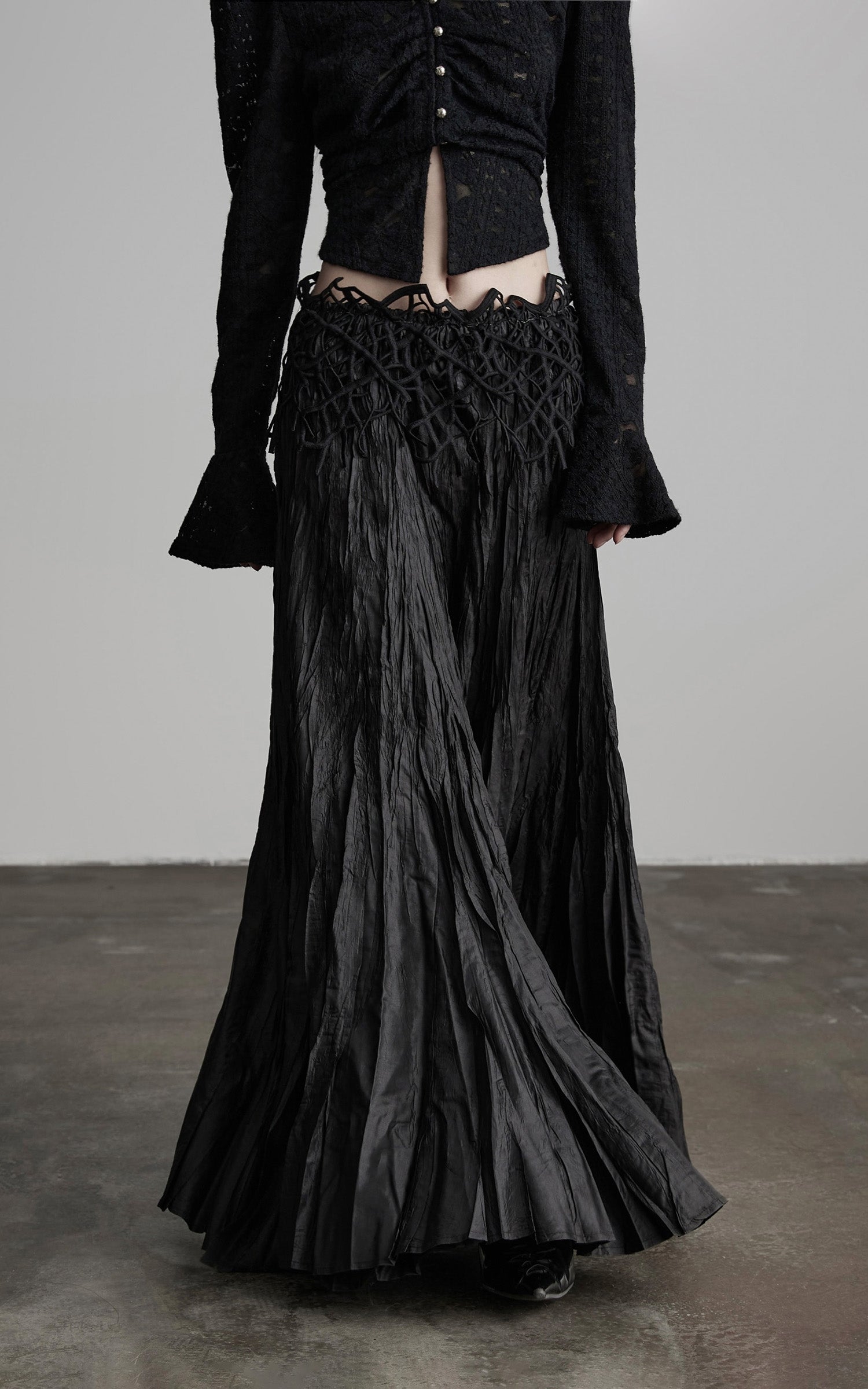 DOINDULGE Crushed Maxi Skirt with 3D Knotwork Waistband