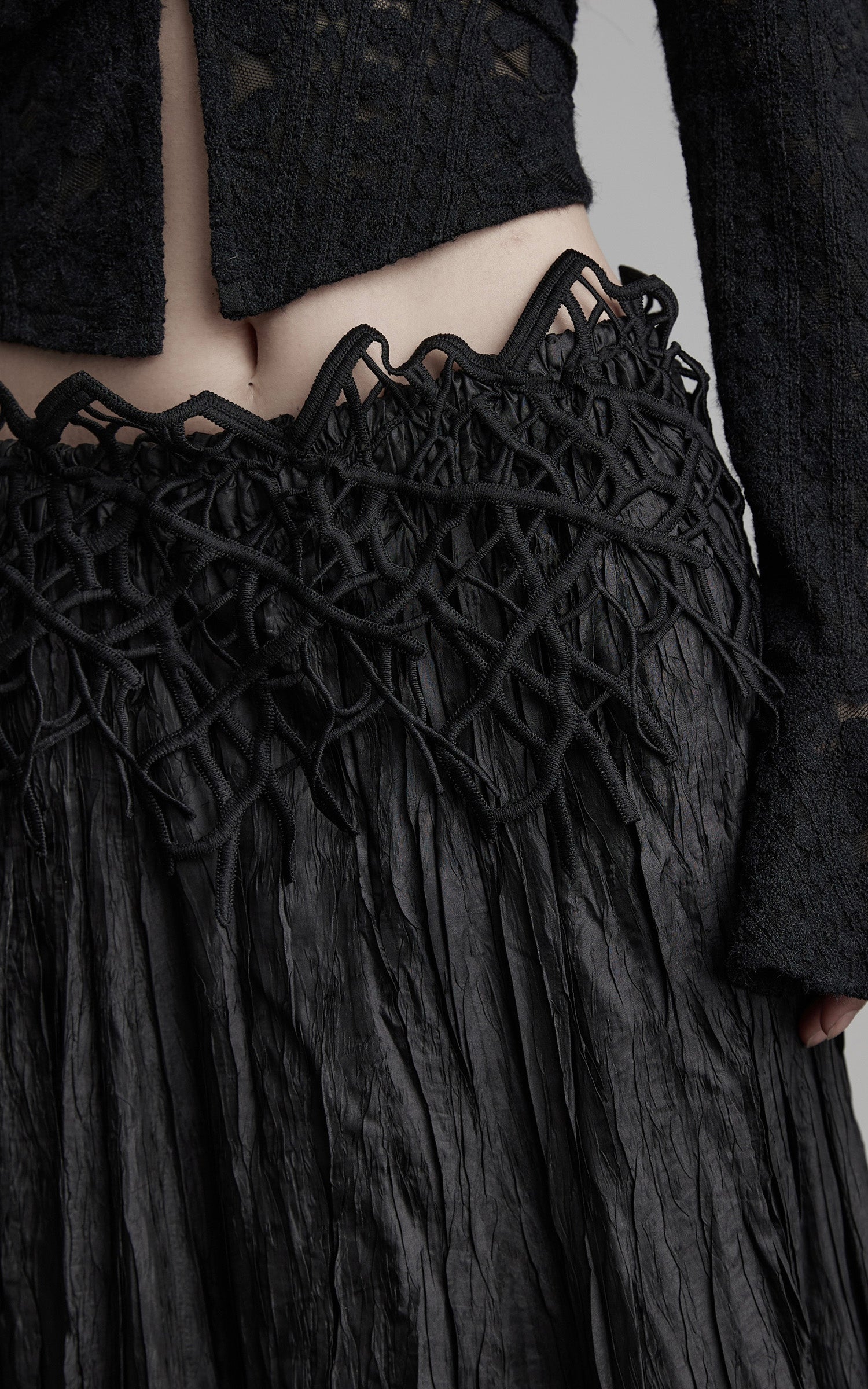 DOINDULGE Crushed Maxi Skirt with 3D Knotwork Waistband