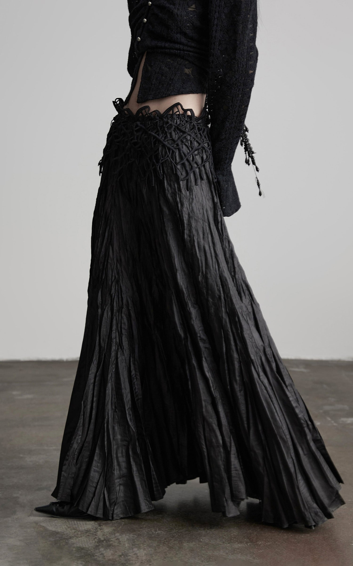 DOINDULGE Crushed Maxi Skirt with 3D Knotwork Waistband