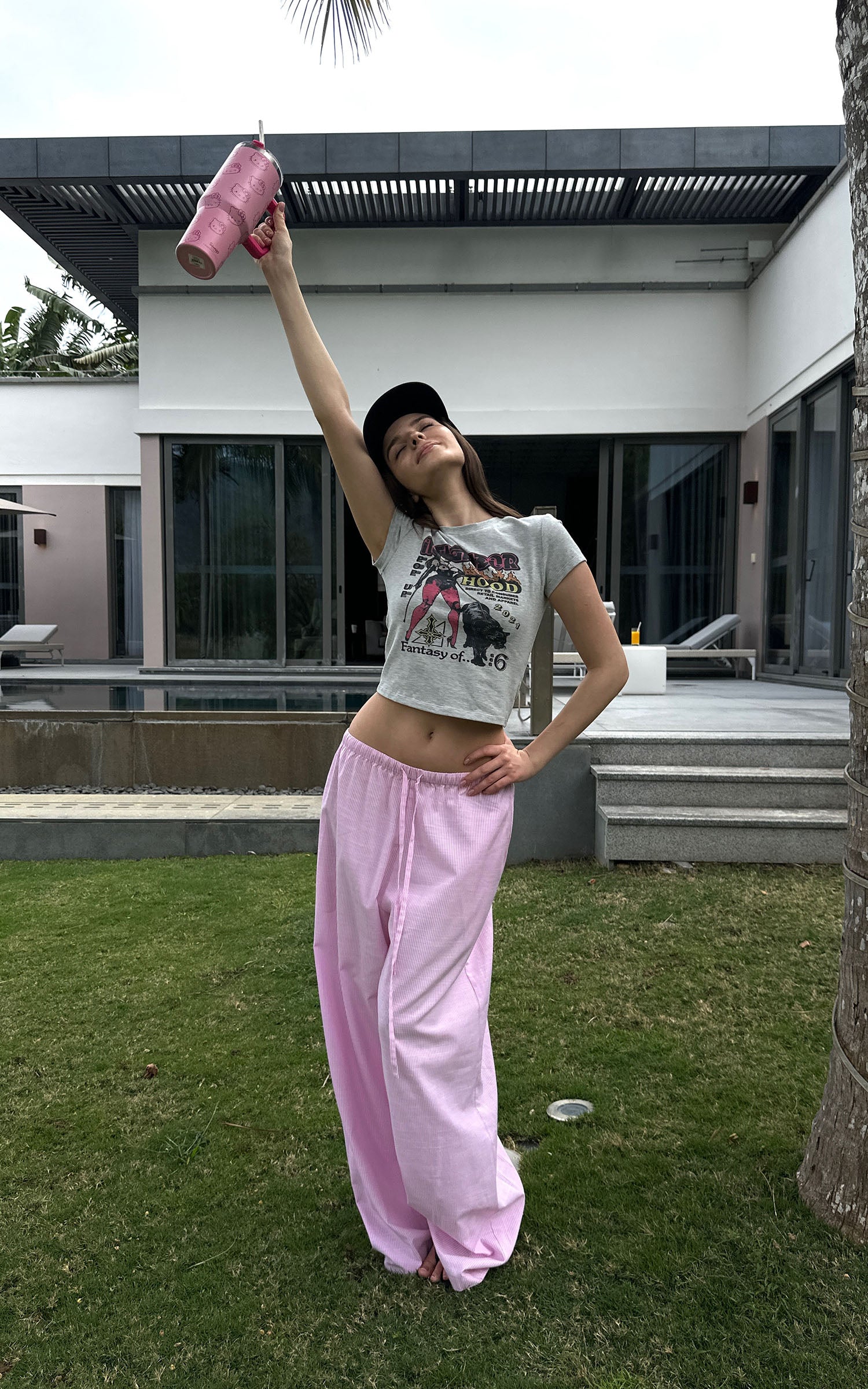 0122stepll 핑크 스트라이프 릴랙스 와이드 팬츠