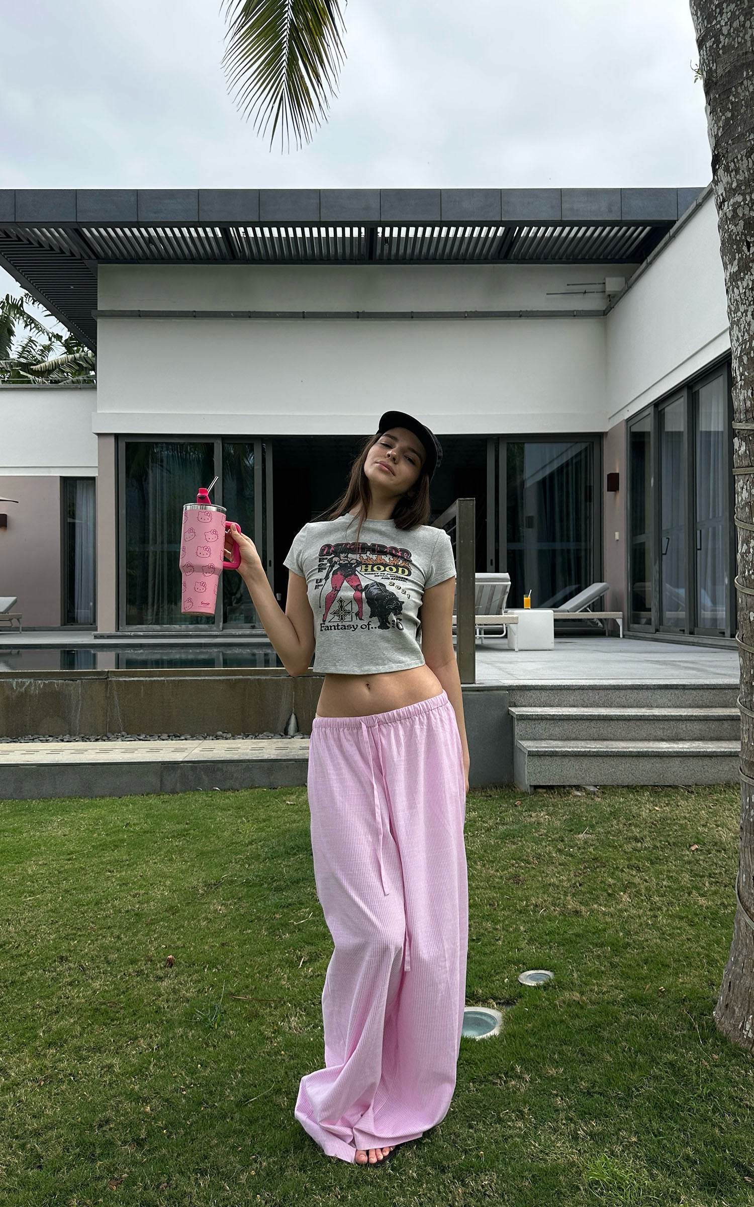 0122stepll 핑크 스트라이프 릴랙스 와이드 팬츠