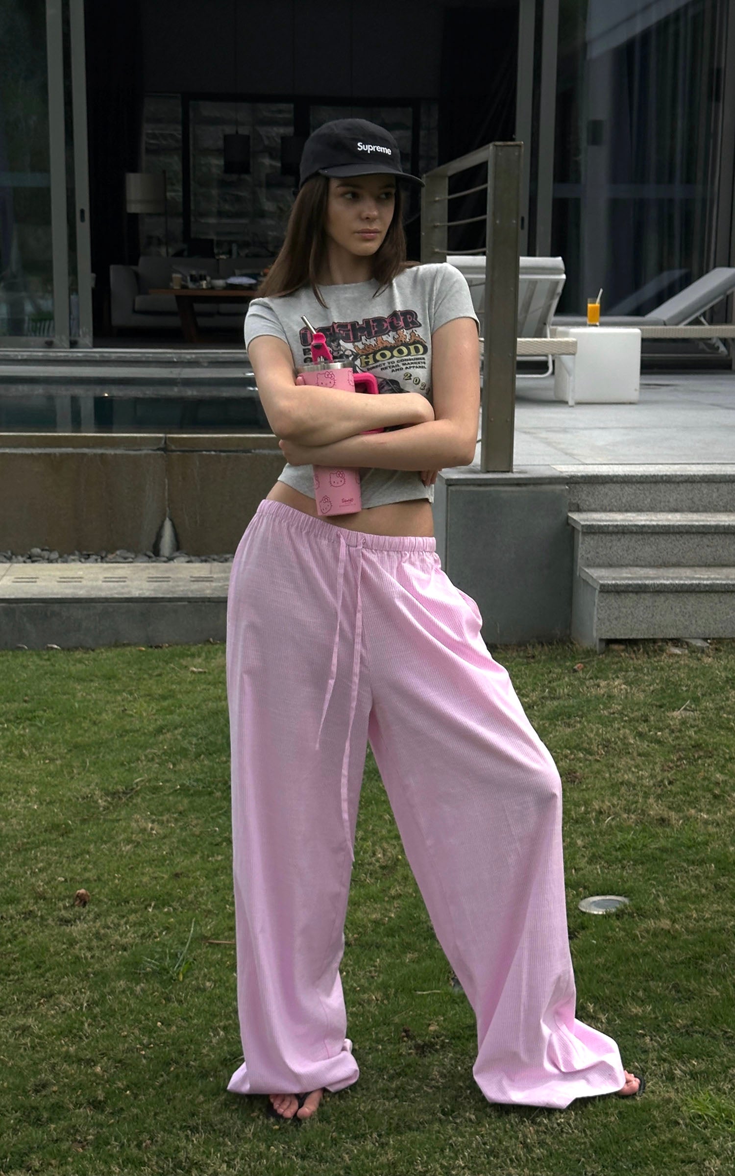 0122stepll 핑크 스트라이프 릴랙스 와이드 팬츠