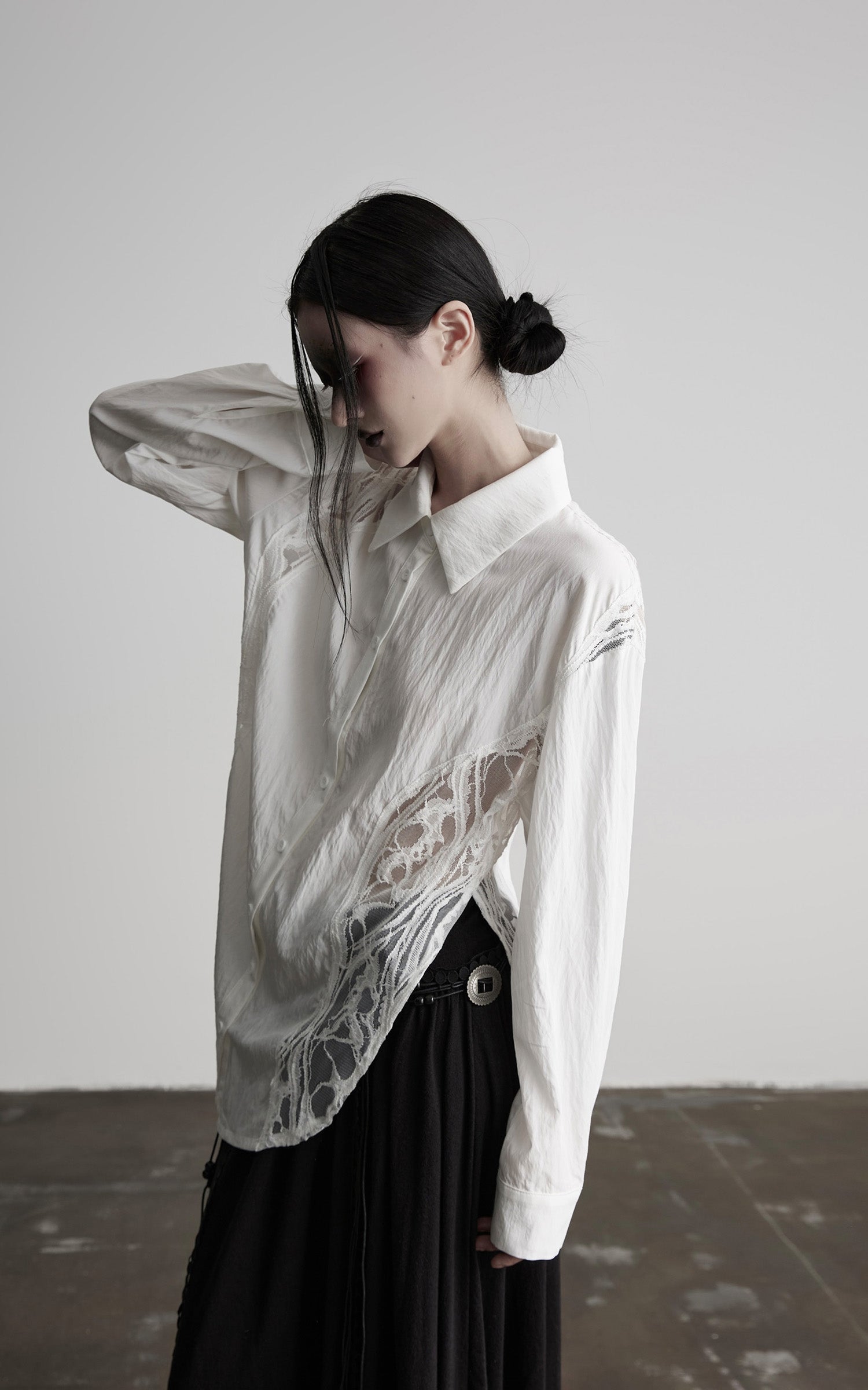 DOINDULGE Deconstructed Lace Paneled Shirt