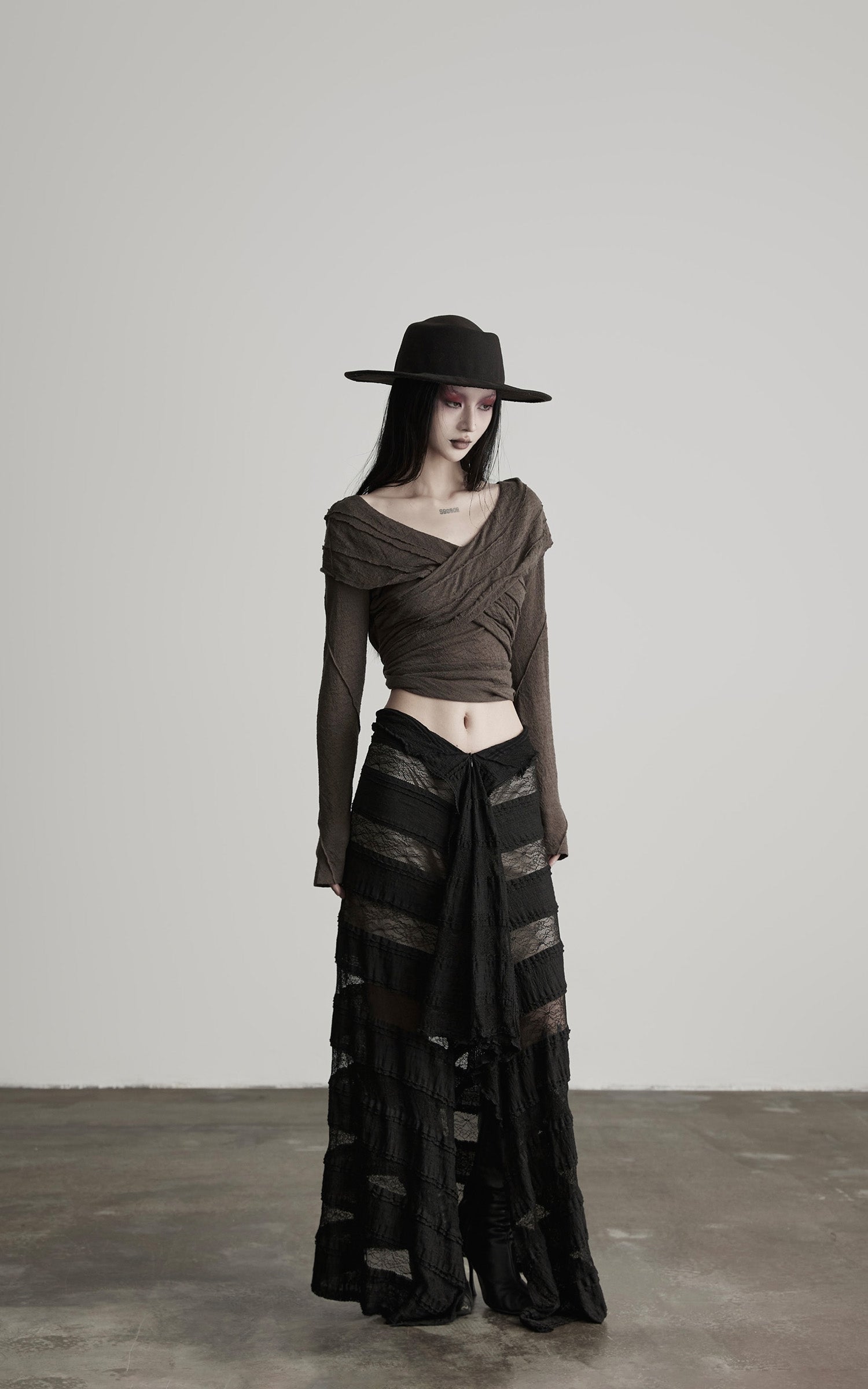 DOINDULGE Layered Sheer Drape Skirt with Lace Panels