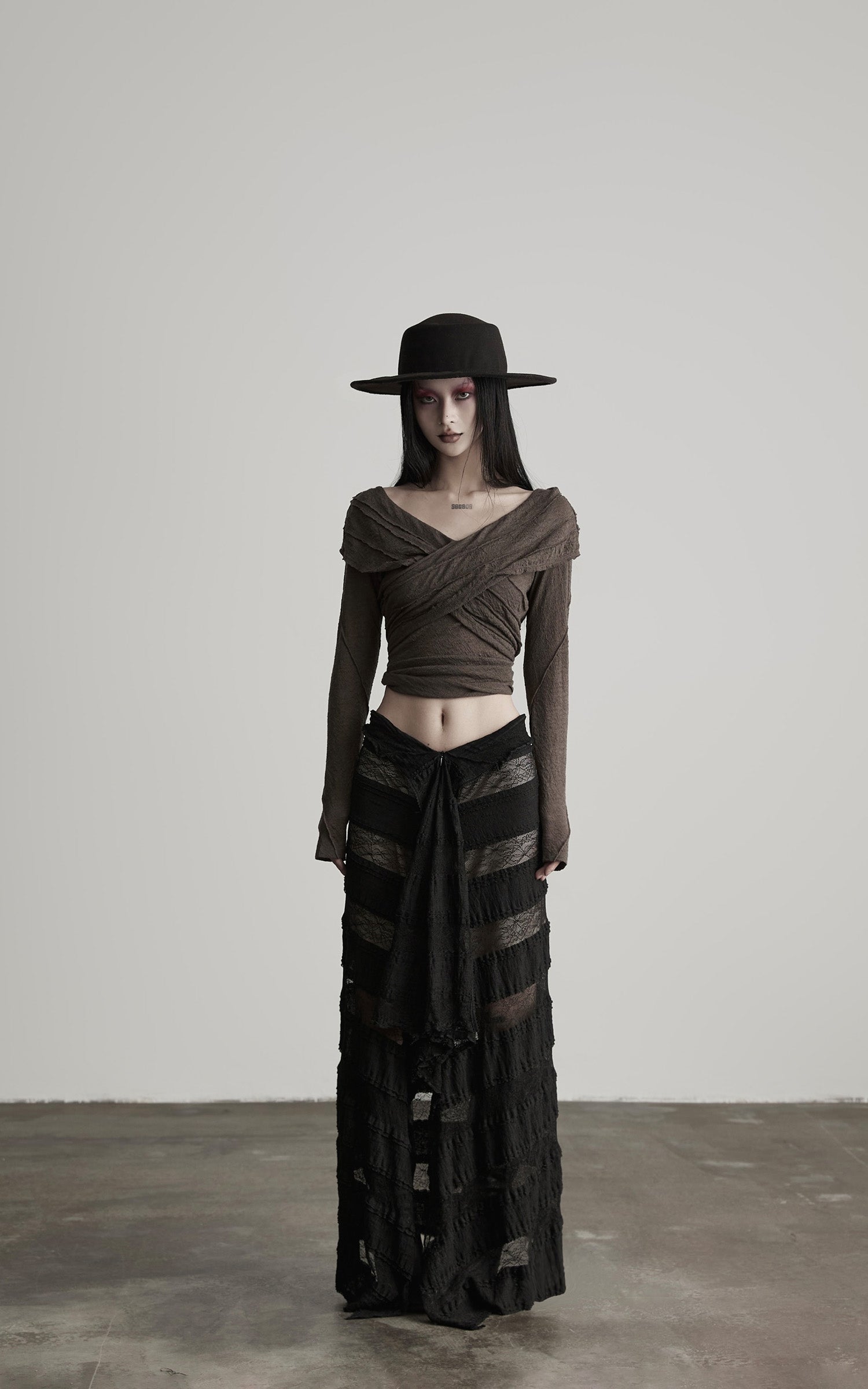 DOINDULGE Layered Sheer Drape Skirt with Lace Panels