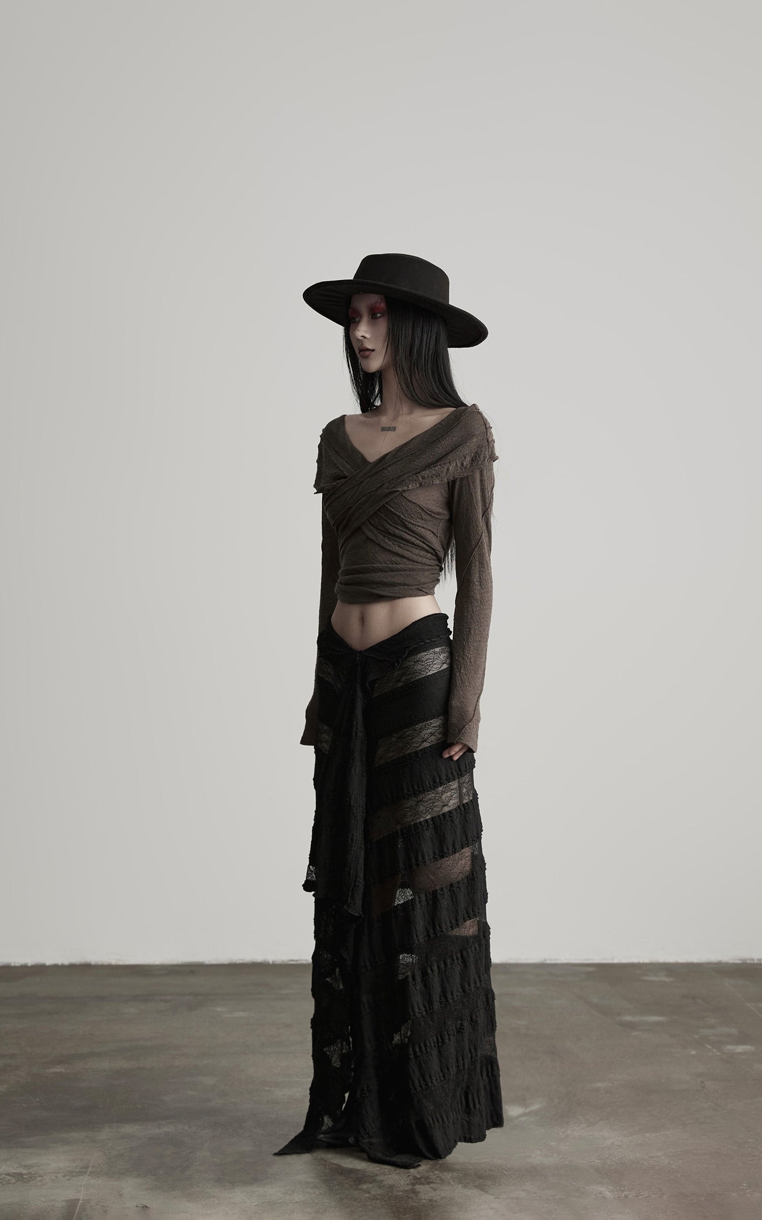 DOINDULGE Layered Sheer Drape Skirt with Lace Panels