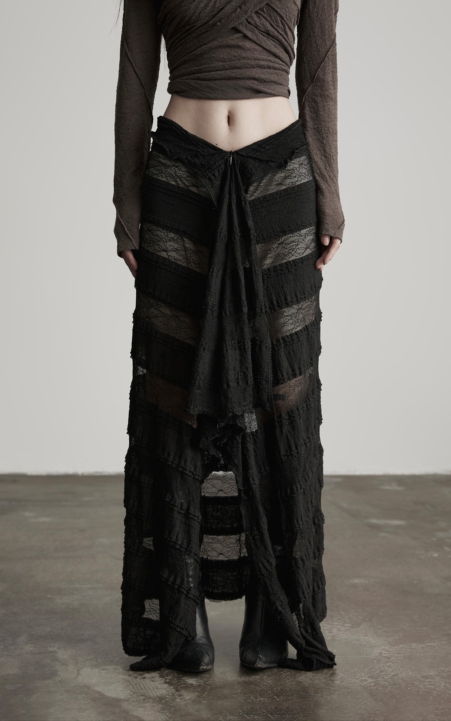 DOINDULGE Layered Sheer Drape Skirt with Lace Panels