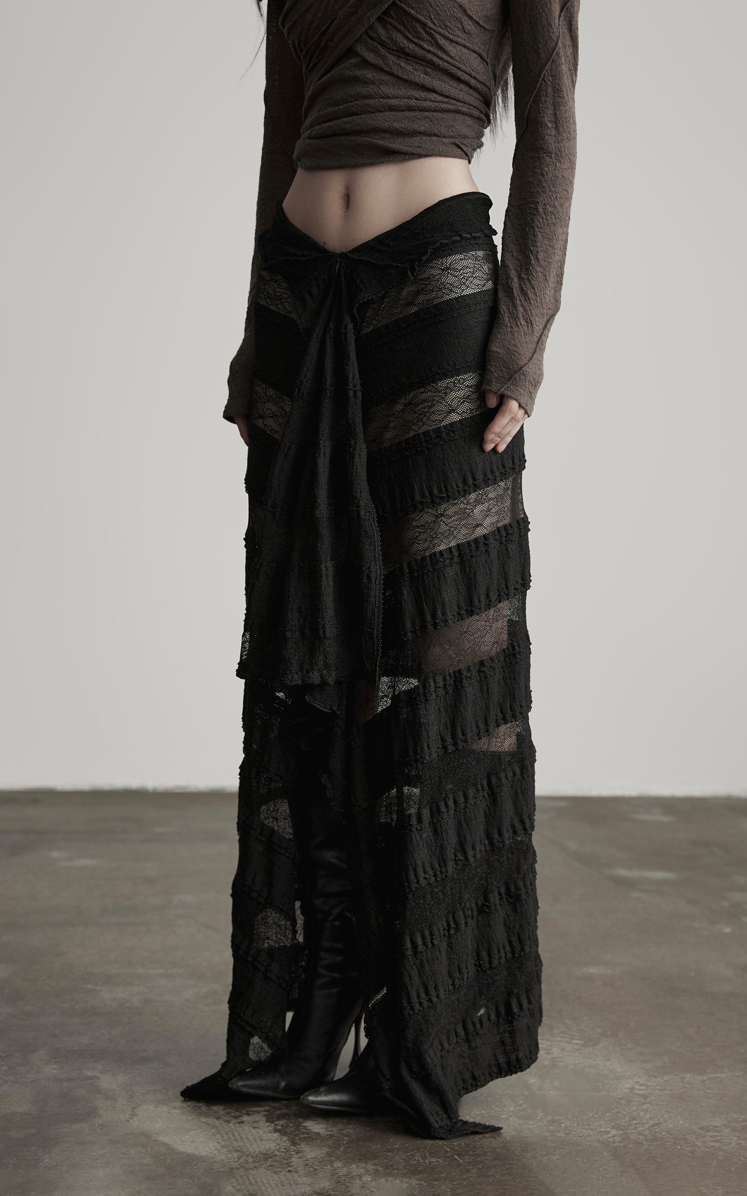 DOINDULGE Layered Sheer Drape Skirt with Lace Panels