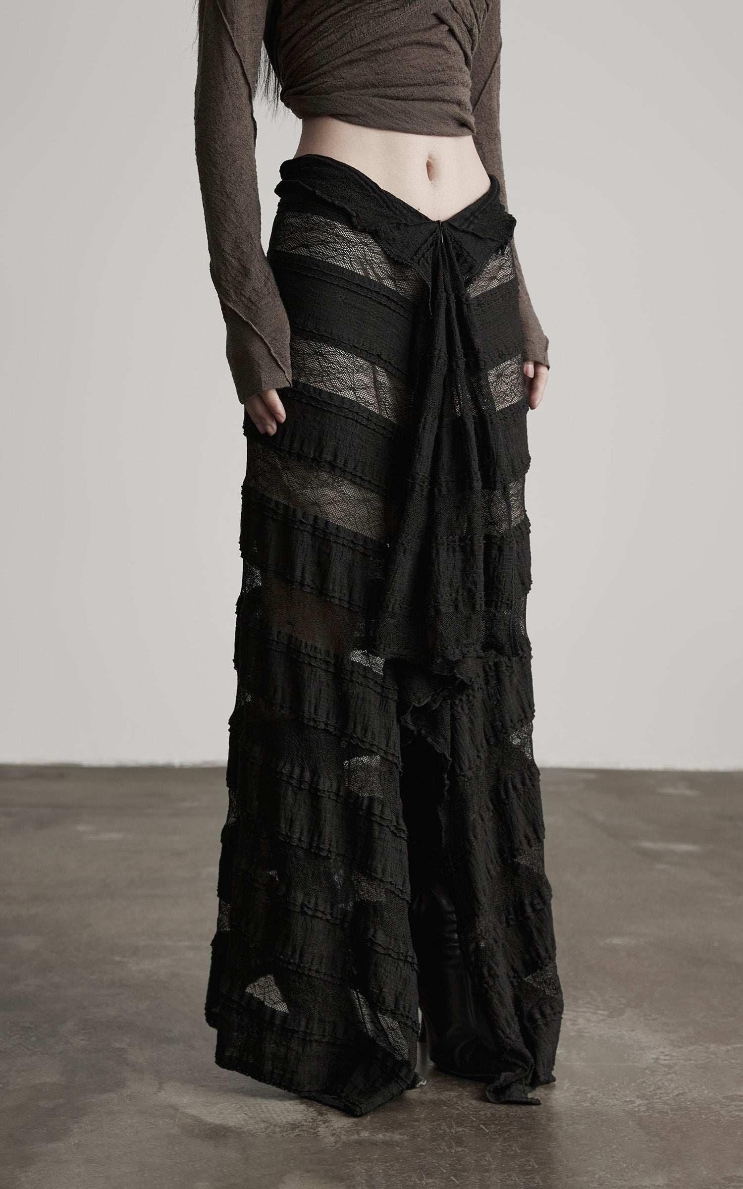 DOINDULGE Layered Sheer Drape Skirt with Lace Panels