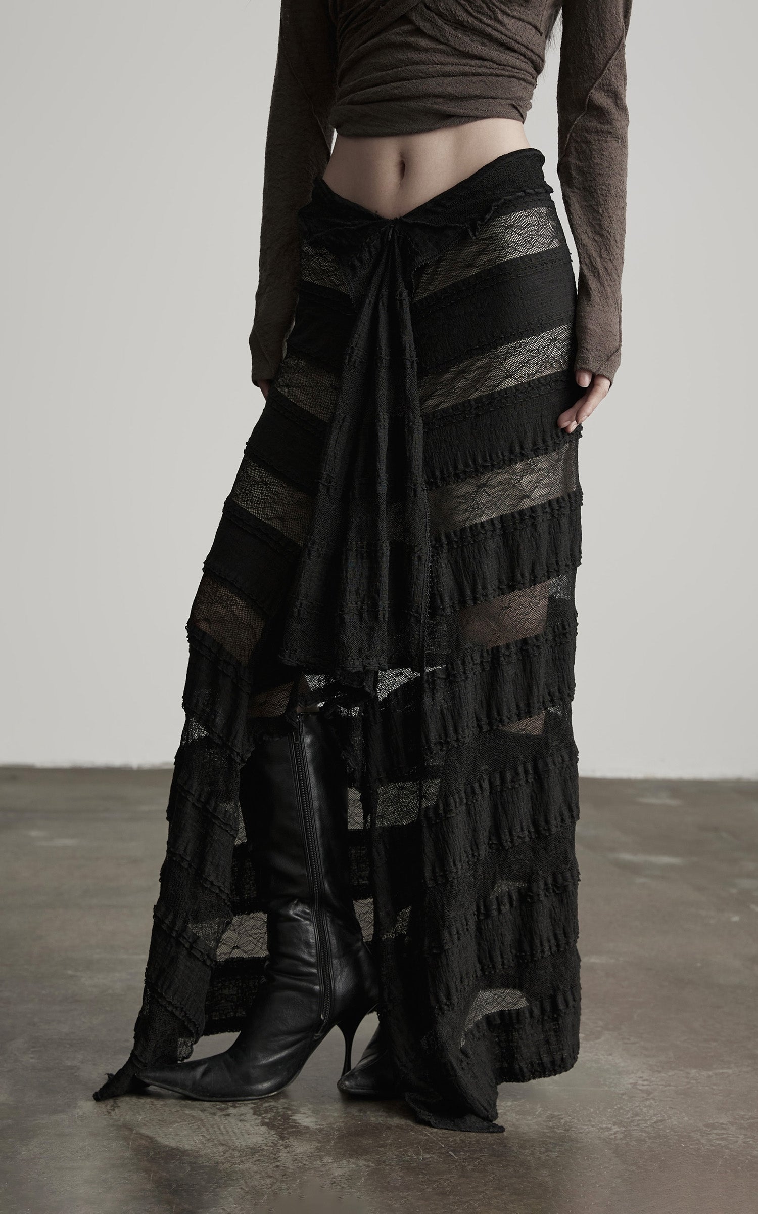DOINDULGE Layered Sheer Drape Skirt with Lace Panels