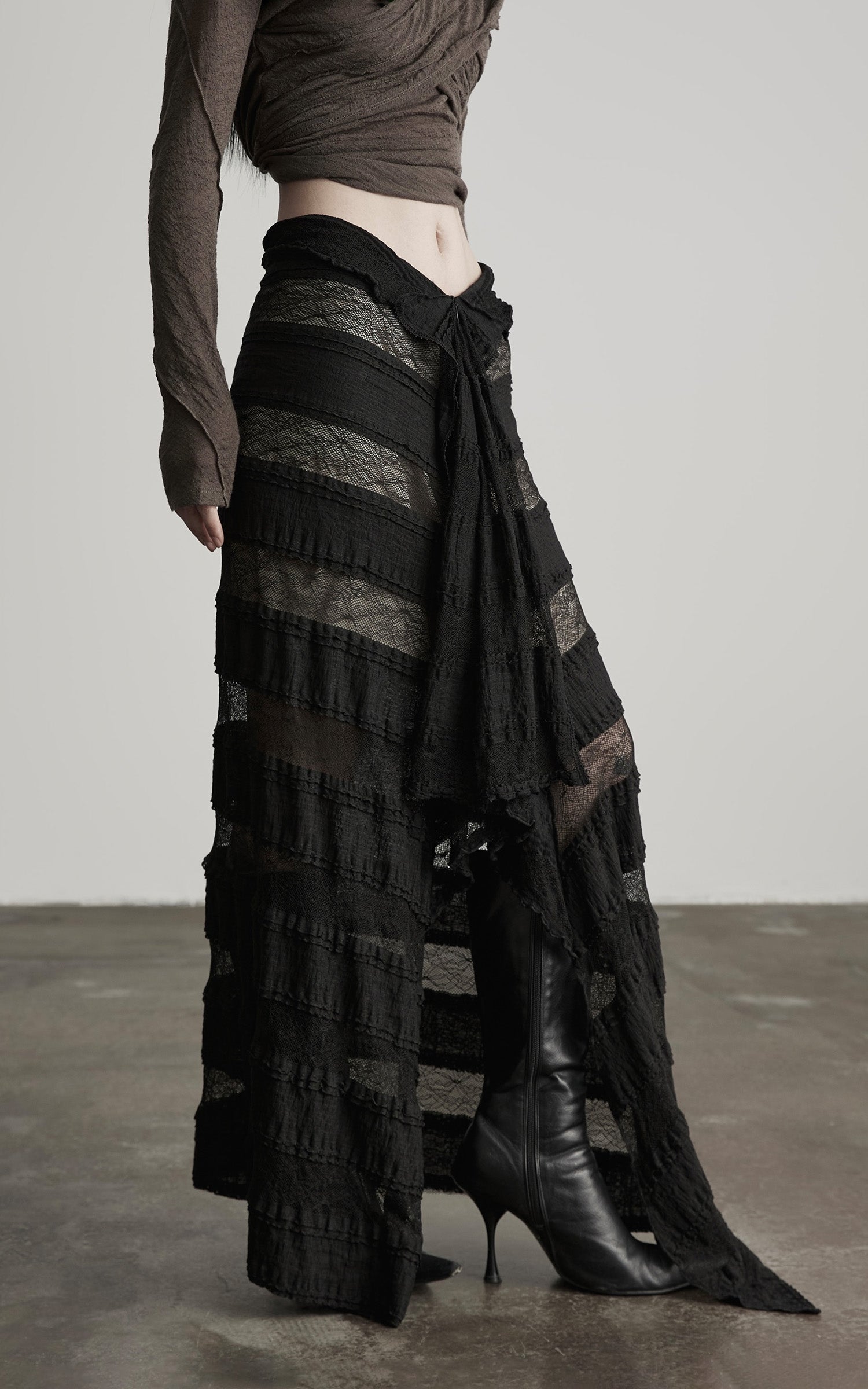 DOINDULGE Layered Sheer Drape Skirt with Lace Panels