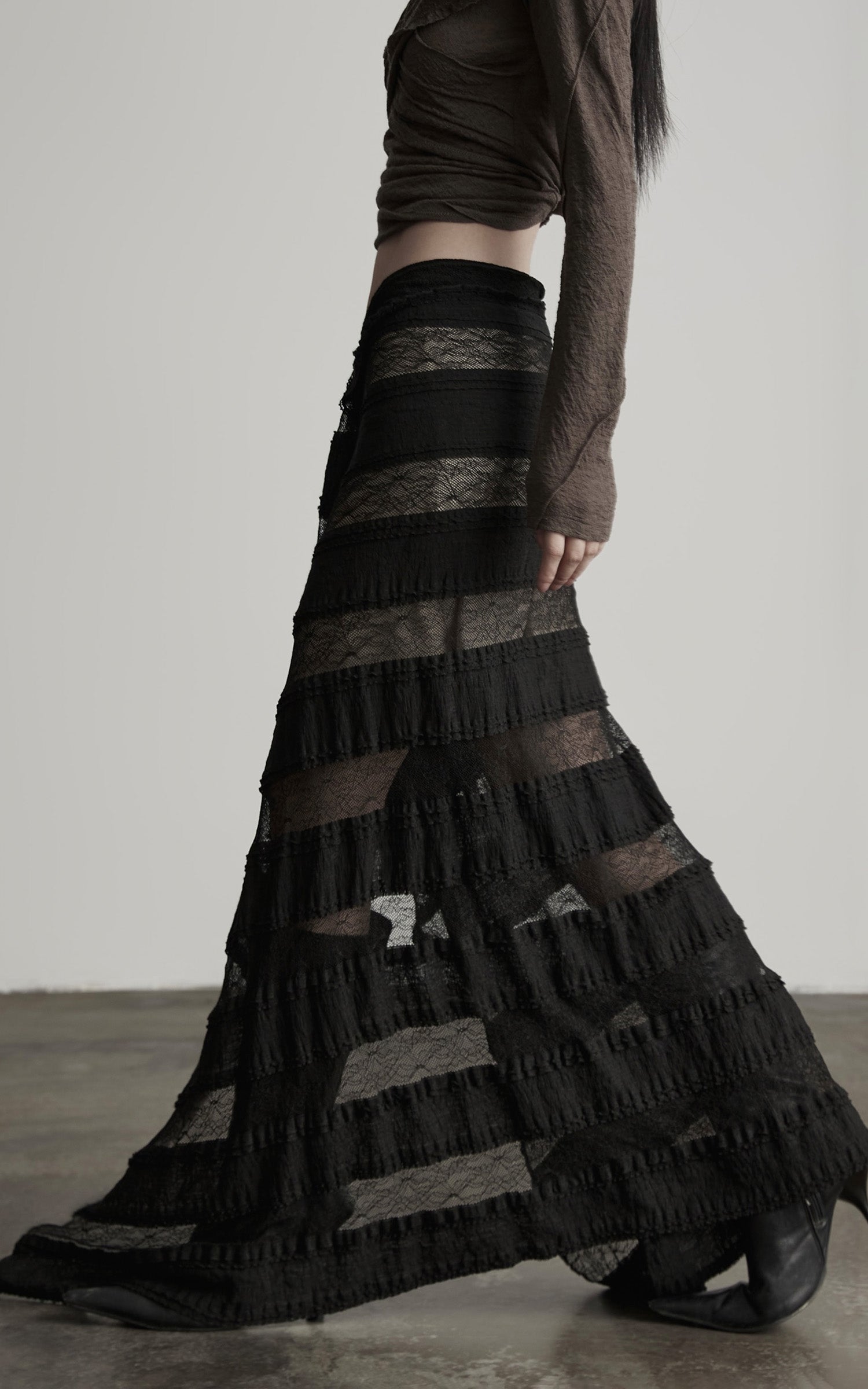DOINDULGE Layered Sheer Drape Skirt with Lace Panels
