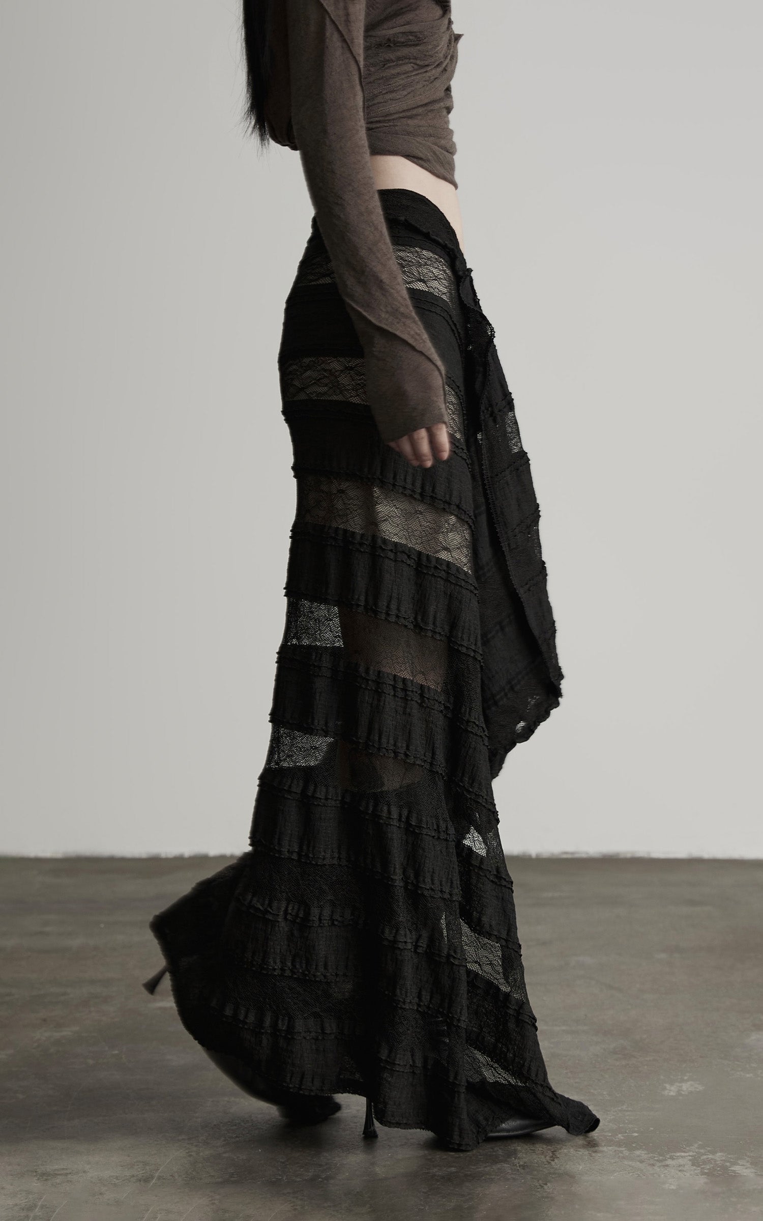 DOINDULGE Layered Sheer Drape Skirt with Lace Panels