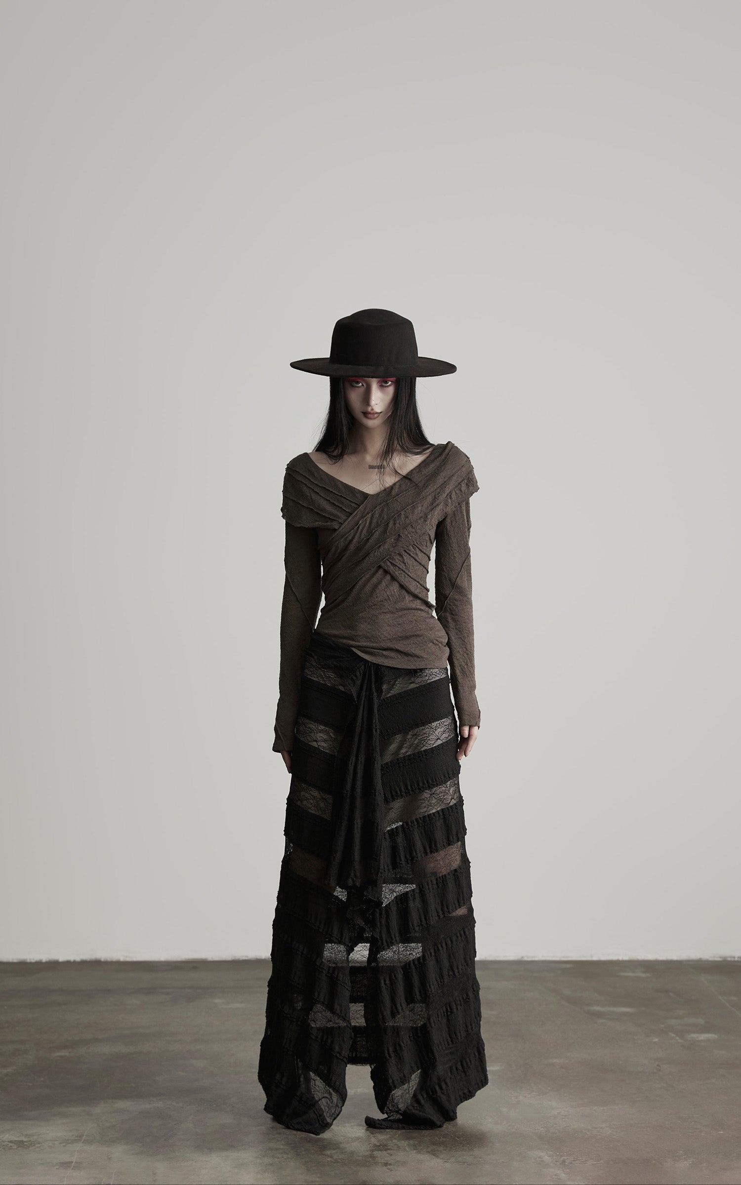 DOINDULGE Layered Sheer Drape Skirt with Lace Panels