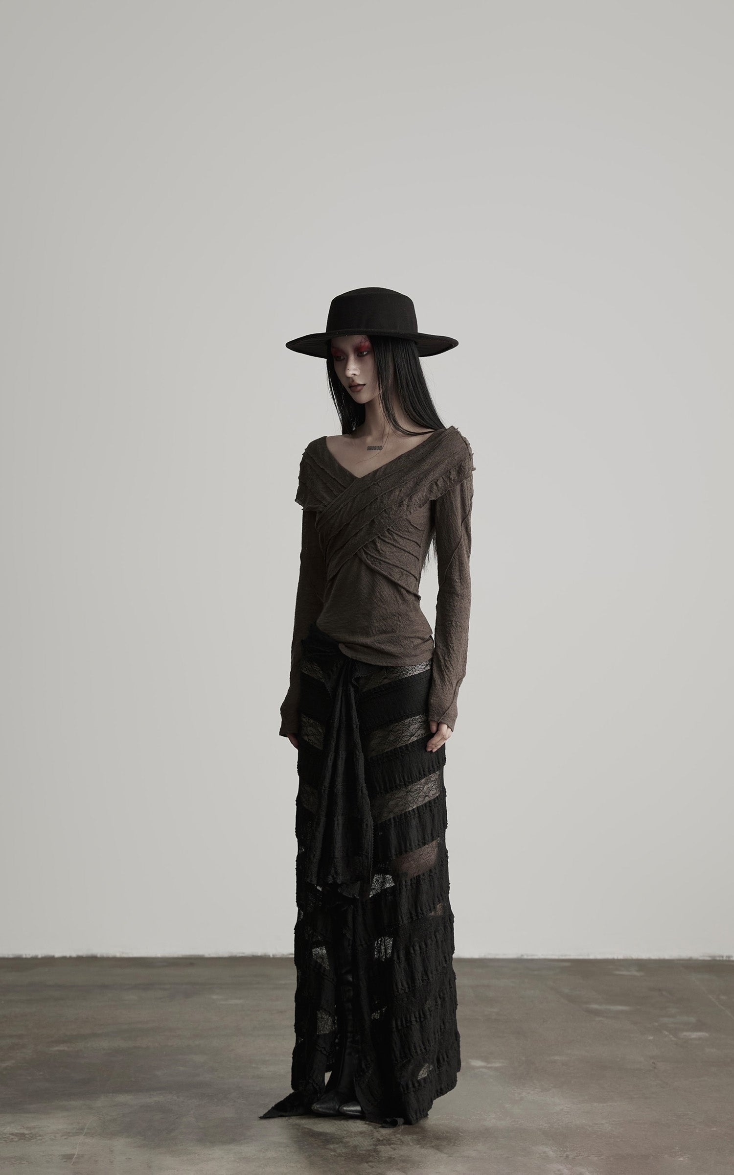 DOINDULGE Layered Sheer Drape Skirt with Lace Panels