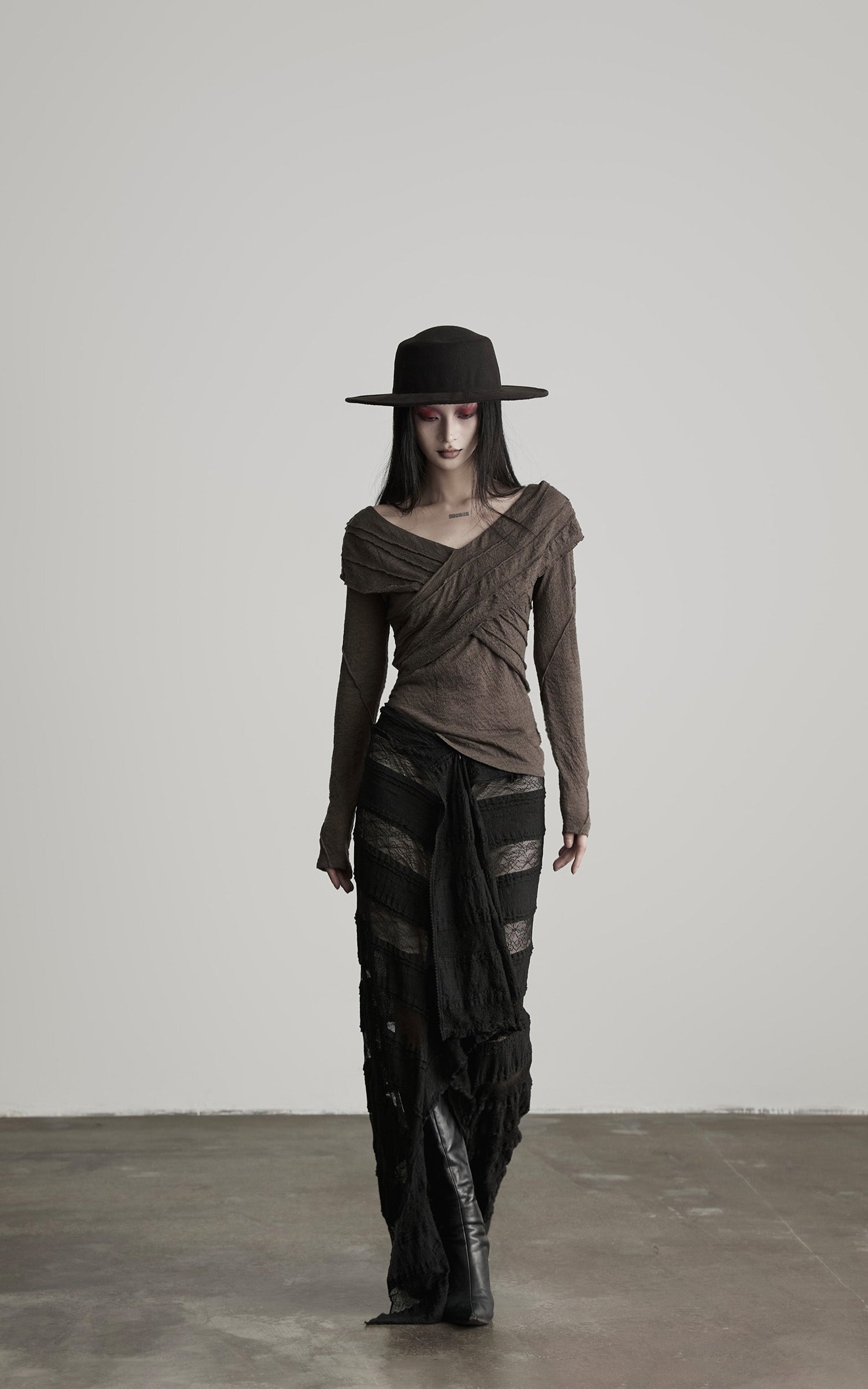 DOINDULGE Layered Sheer Drape Skirt with Lace Panels