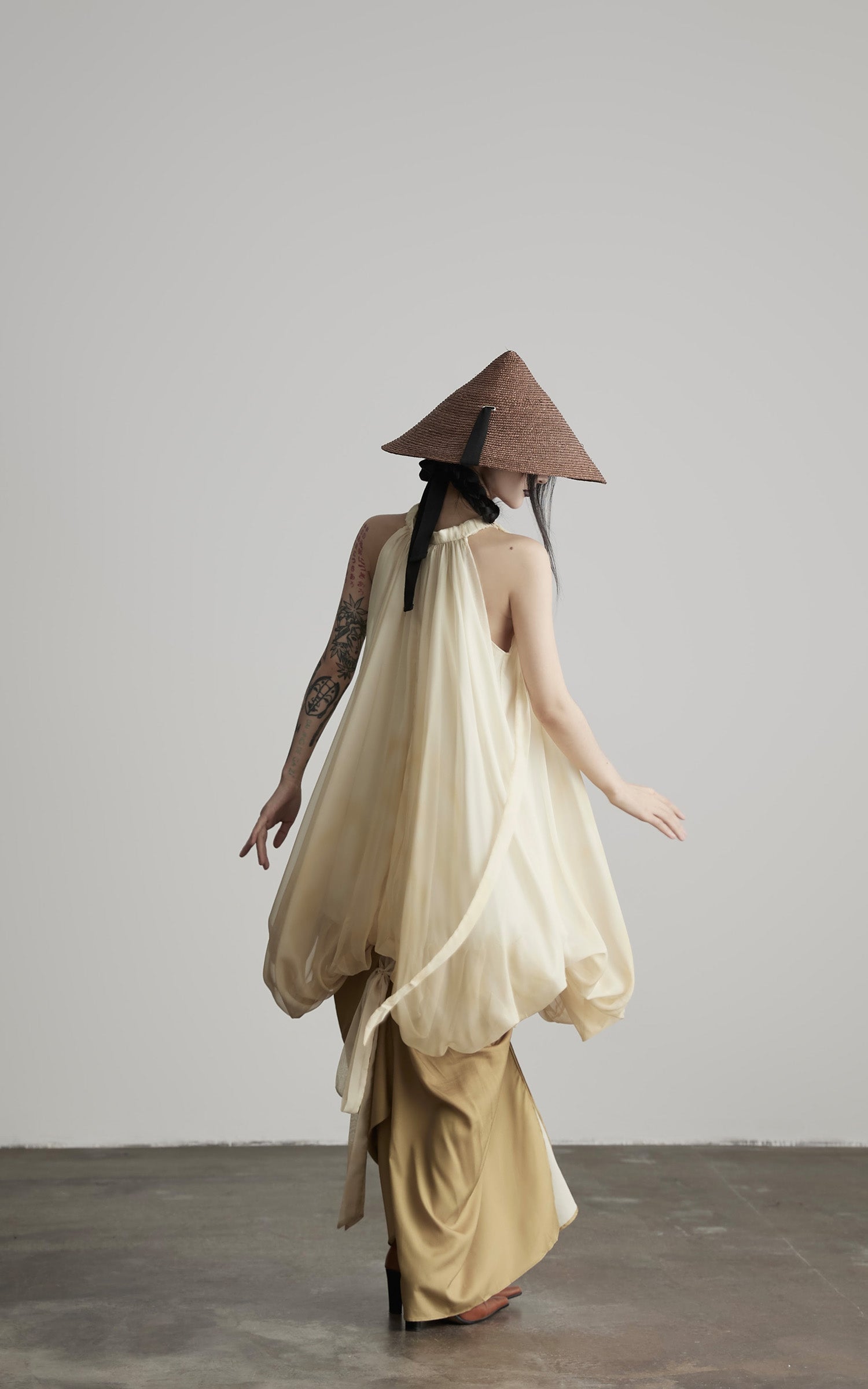 DOINDULGE Ethereal Draped Halter Dress with Voluminous Silk Layers