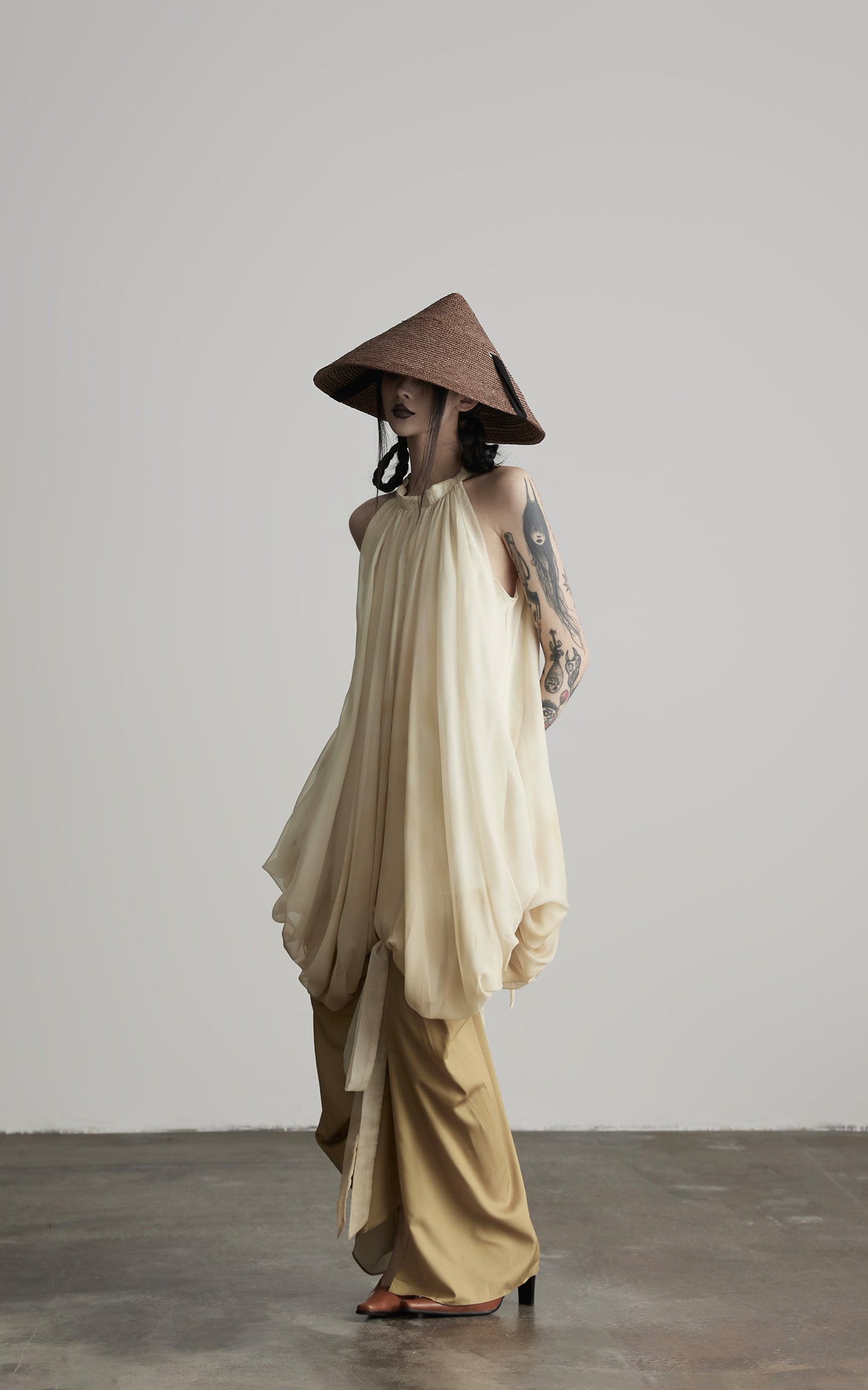 DOINDULGE Ethereal Draped Halter Dress with Voluminous Silk Layers