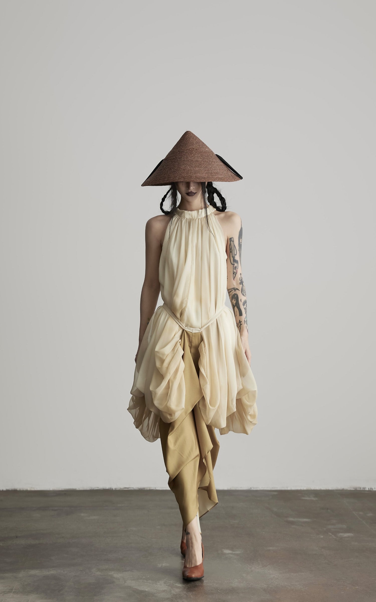 DOINDULGE Ethereal Draped Halter Dress with Voluminous Silk Layers