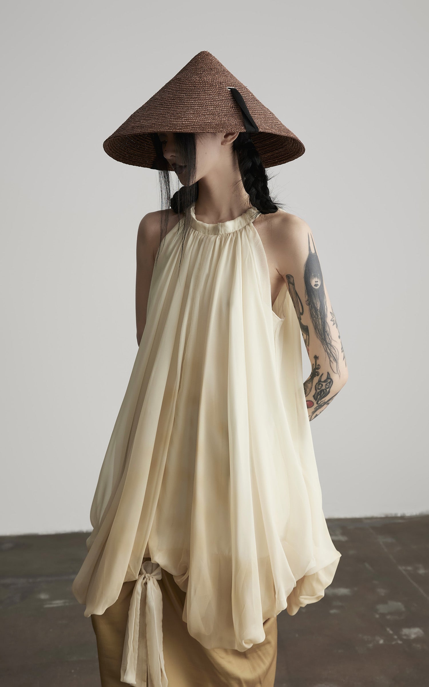 DOINDULGE Ethereal Draped Halter Dress with Voluminous Silk Layers