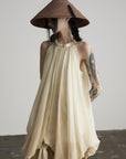DOINDULGE Ethereal Draped Halter Dress with Voluminous Silk Layers
