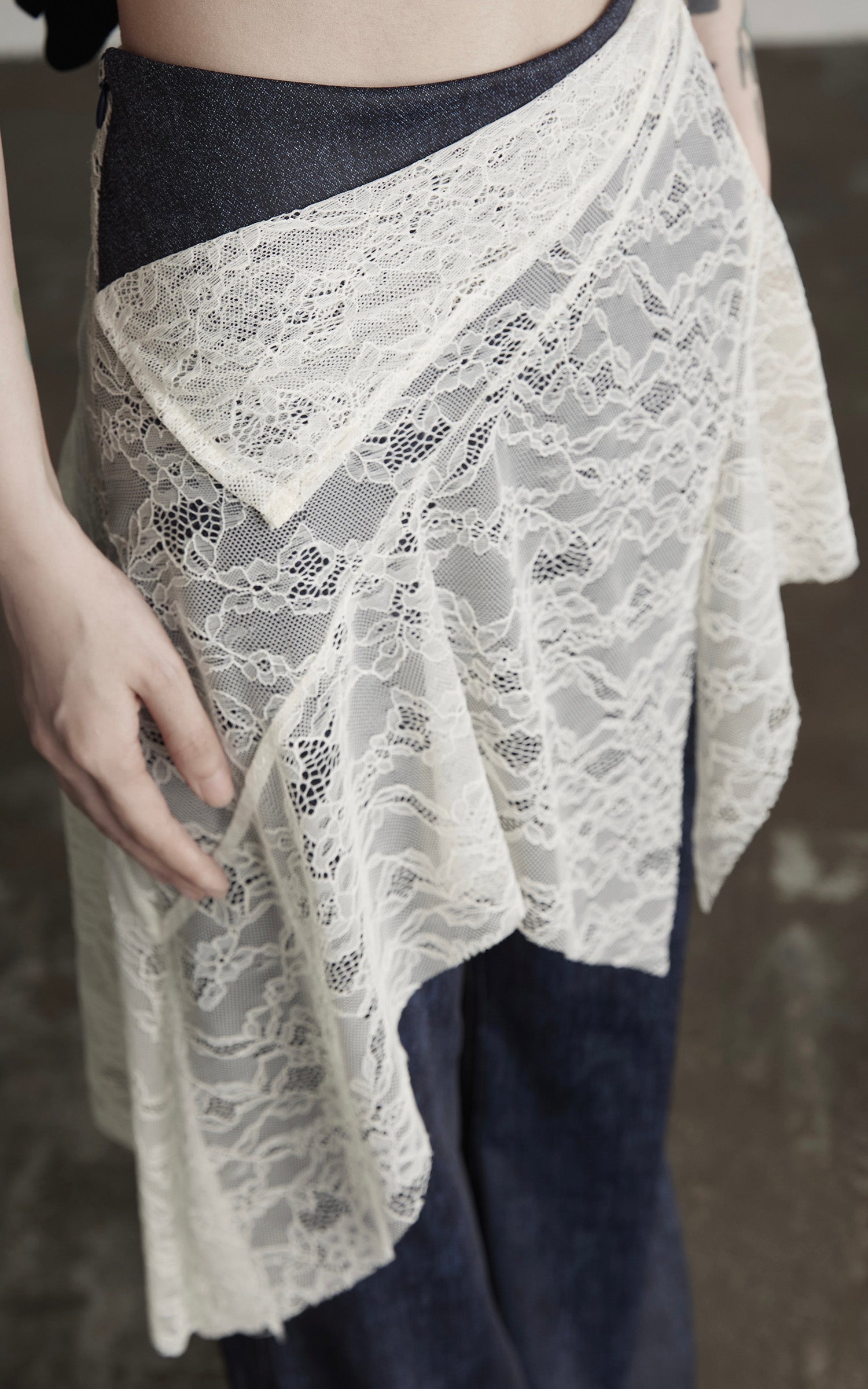 DOINDULGE Lace Overlay Denim Pants
