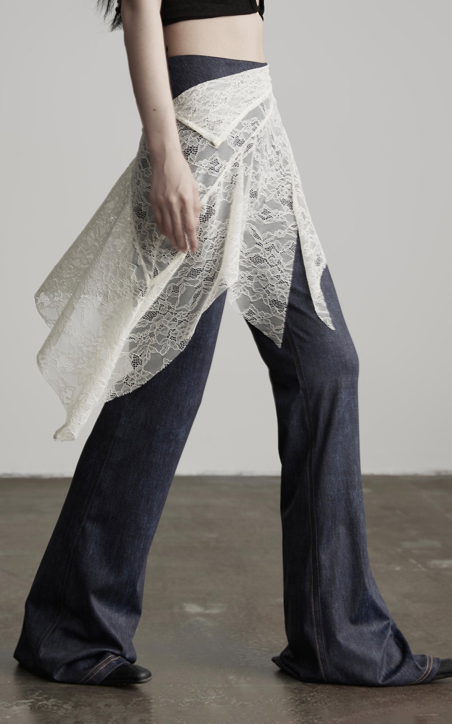 DOINDULGE Lace Overlay Denim Pants