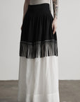 DOINDULGE Fringe Paneled Layered Skirt with Pleats and Contrast Hem