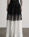 DOINDULGE Fringe Paneled Layered Skirt with Pleats and Contrast Hem