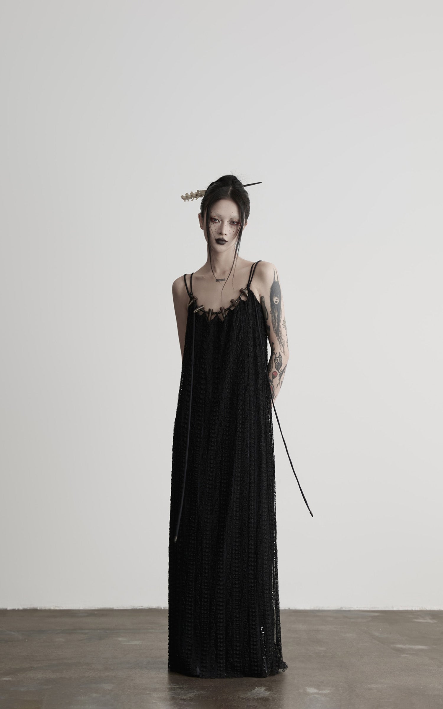 DOINDULGE Lace Panel Long Dress with Carved Horn Beads and Ring Strap Detail