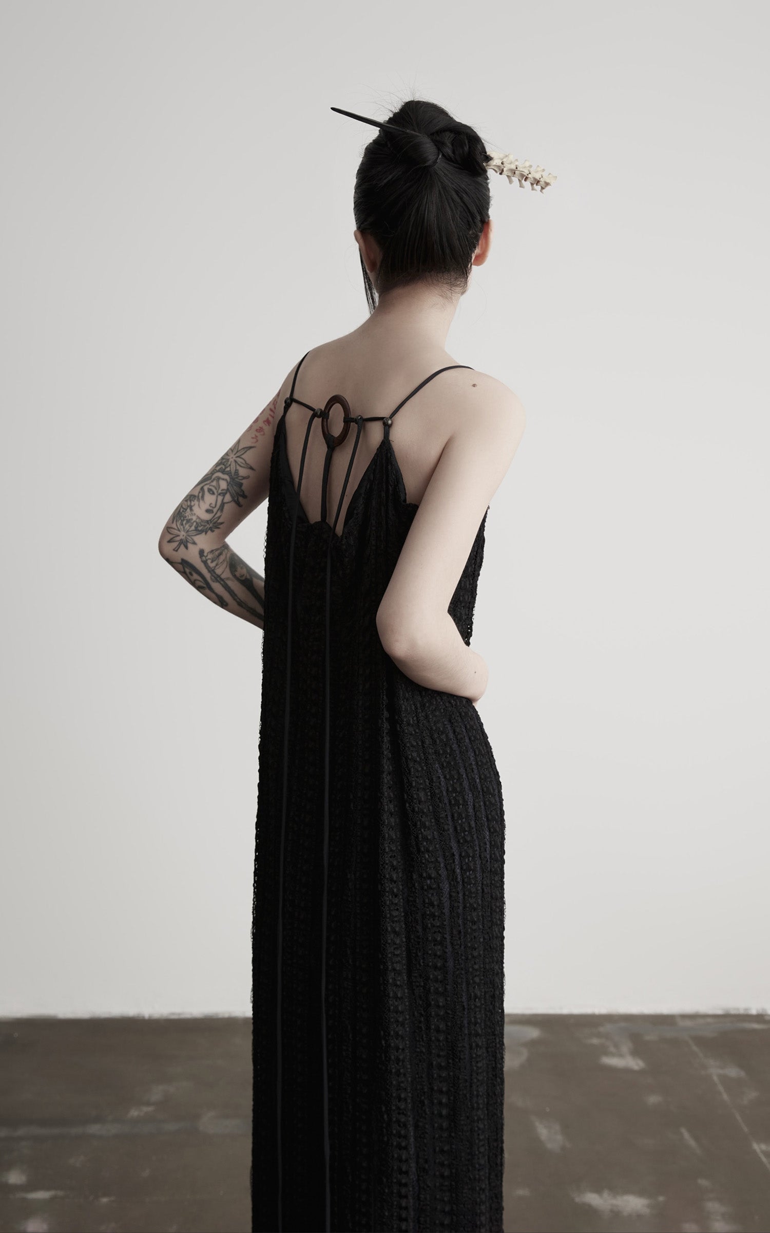 DOINDULGE Lace Panel Long Dress with Carved Horn Beads and Ring Strap Detail