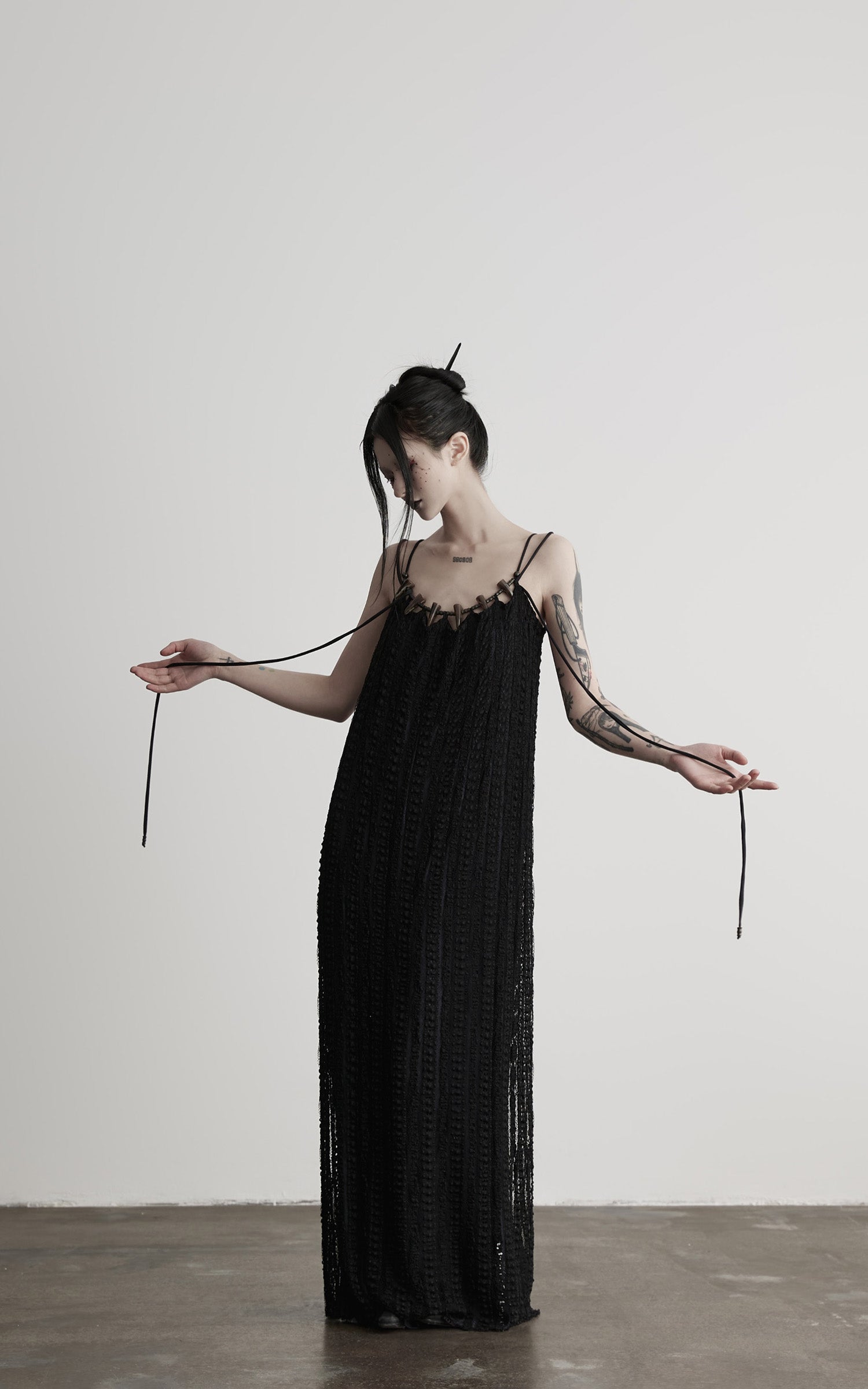 DOINDULGE Lace Panel Long Dress with Carved Horn Beads and Ring Strap Detail