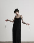 DOINDULGE Lace Panel Long Dress with Carved Horn Beads and Ring Strap Detail