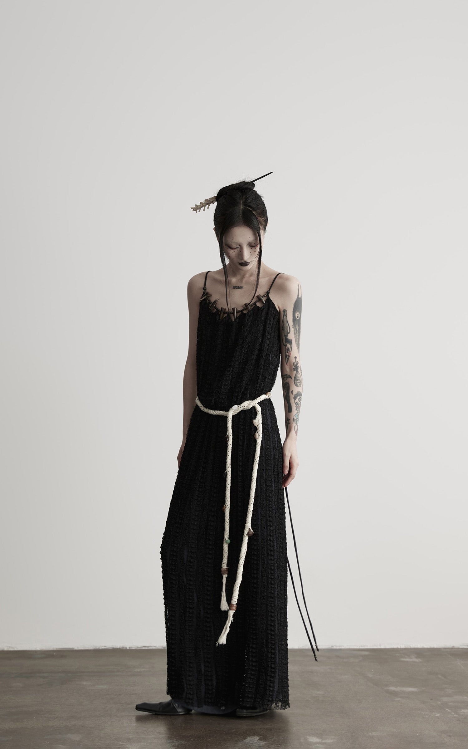 DOINDULGE Lace Panel Long Dress with Carved Horn Beads and Ring Strap Detail