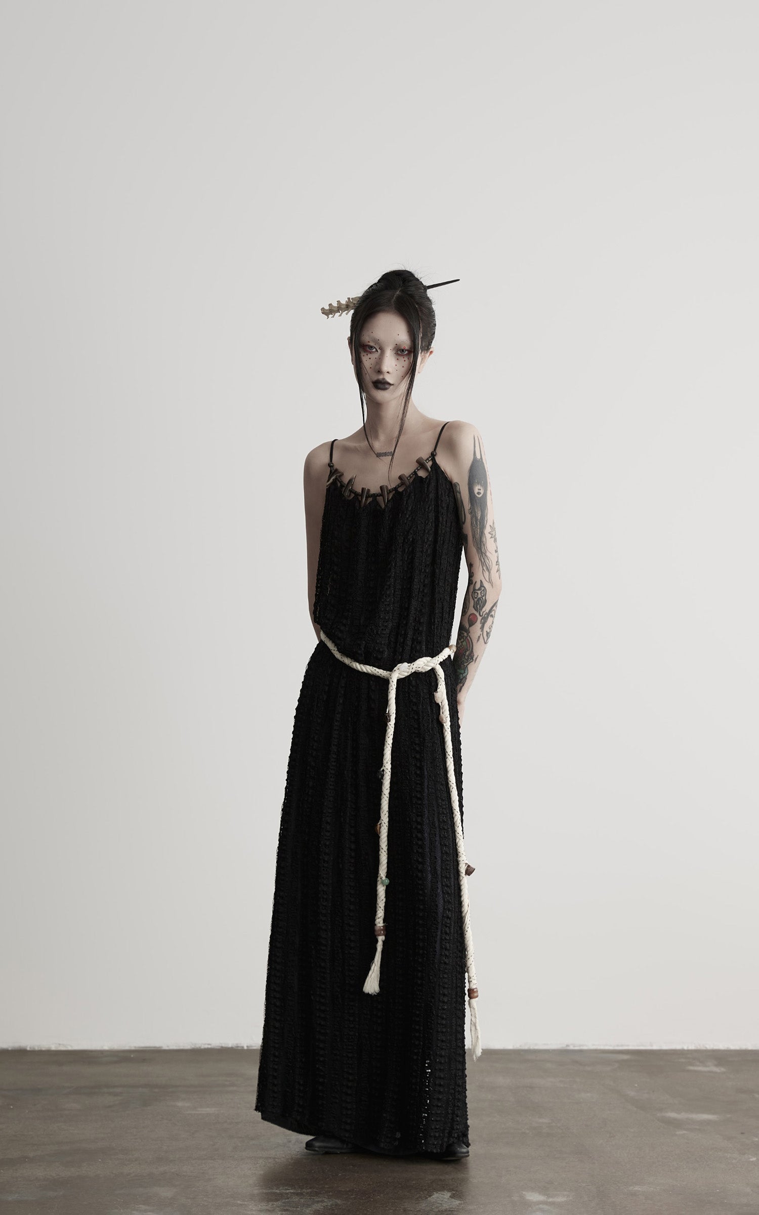 DOINDULGE Lace Panel Long Dress with Carved Horn Beads and Ring Strap Detail