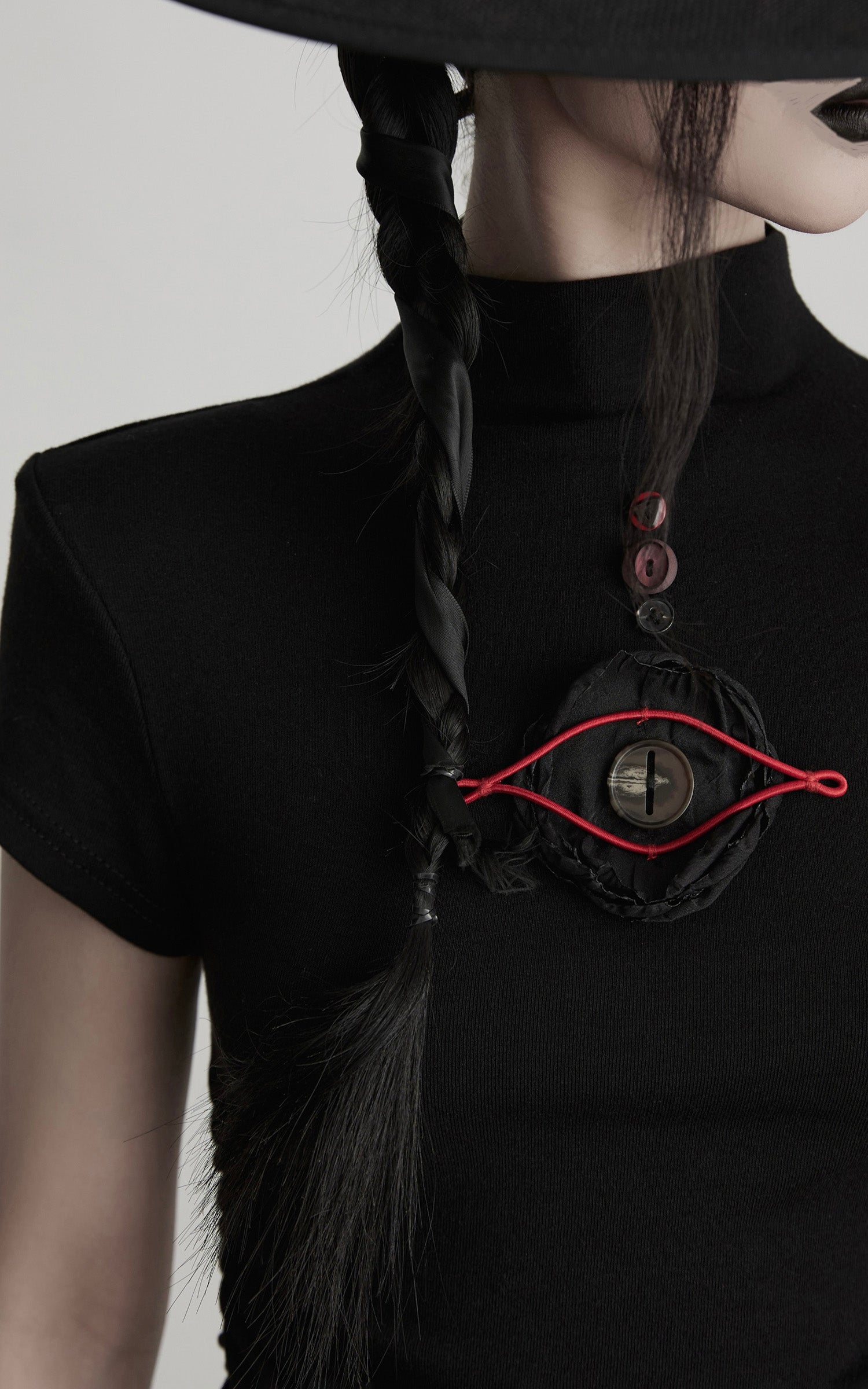 DOINDULGE Ruched Fitted Tee with Deconstructed Eye Button Detail