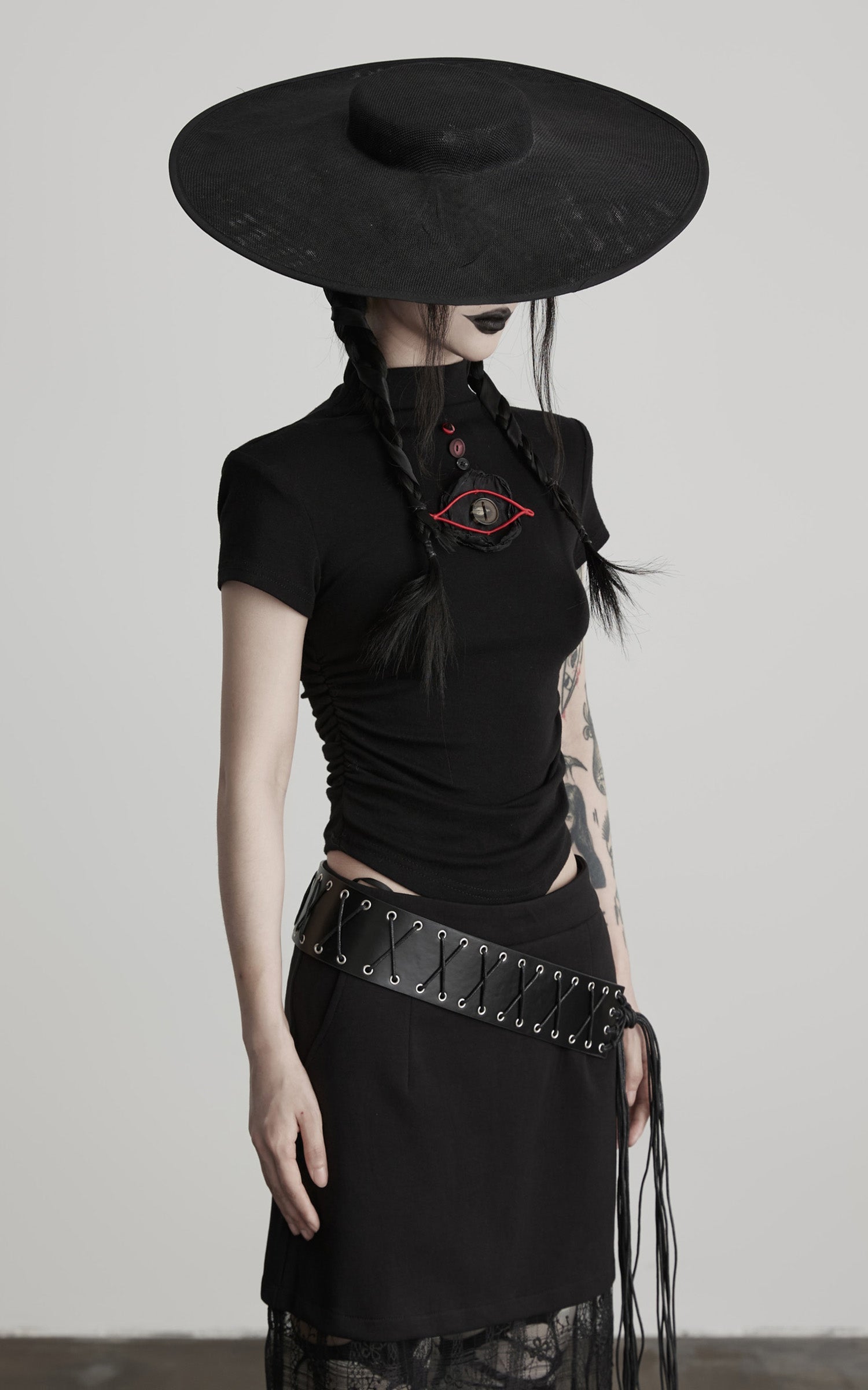 DOINDULGE Ruched Fitted Tee with Deconstructed Eye Button Detail