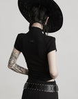 DOINDULGE Ruched Fitted Tee with Deconstructed Eye Button Detail
