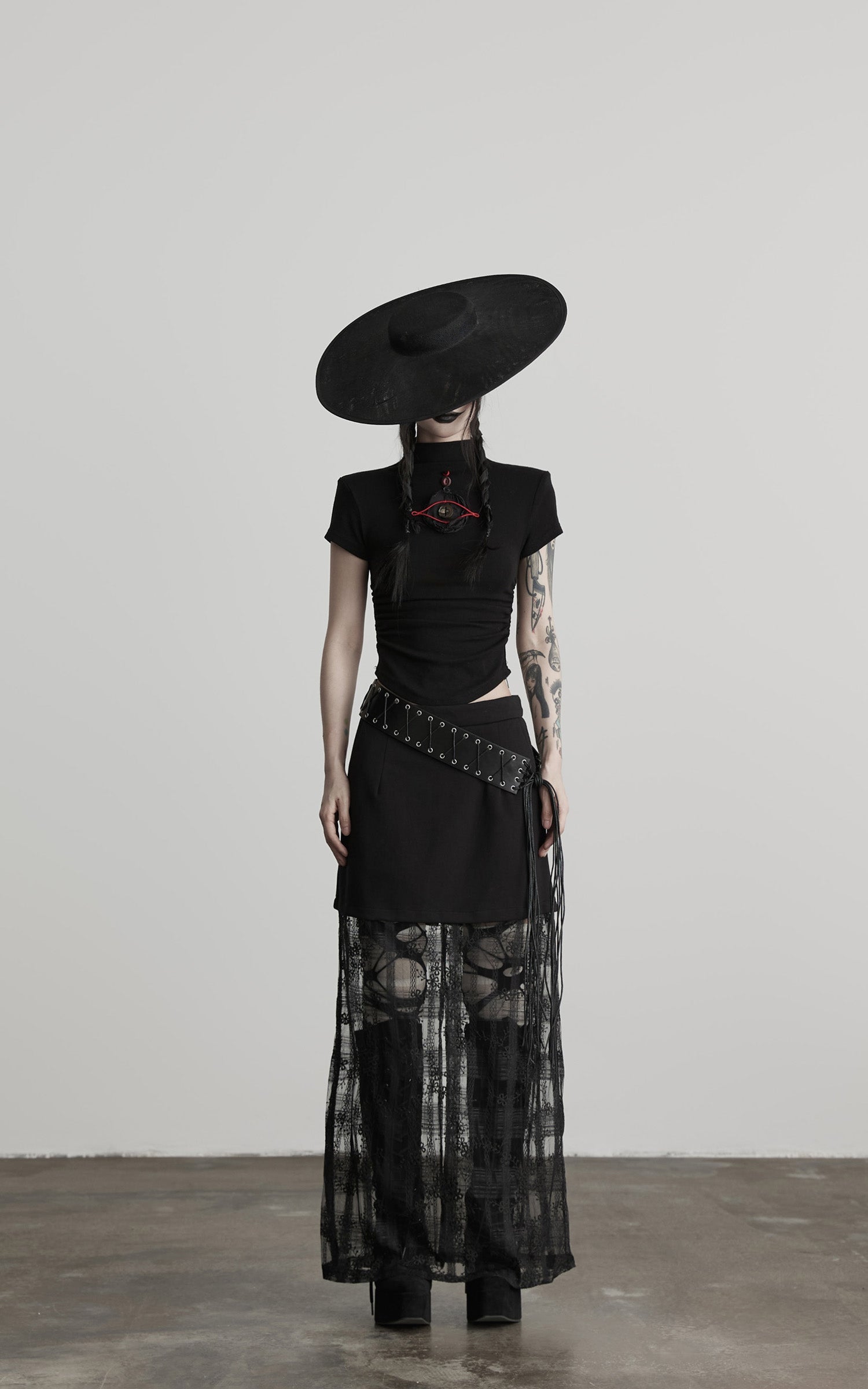 DOINDULGE Ruched Fitted Tee with Deconstructed Eye Button Detail