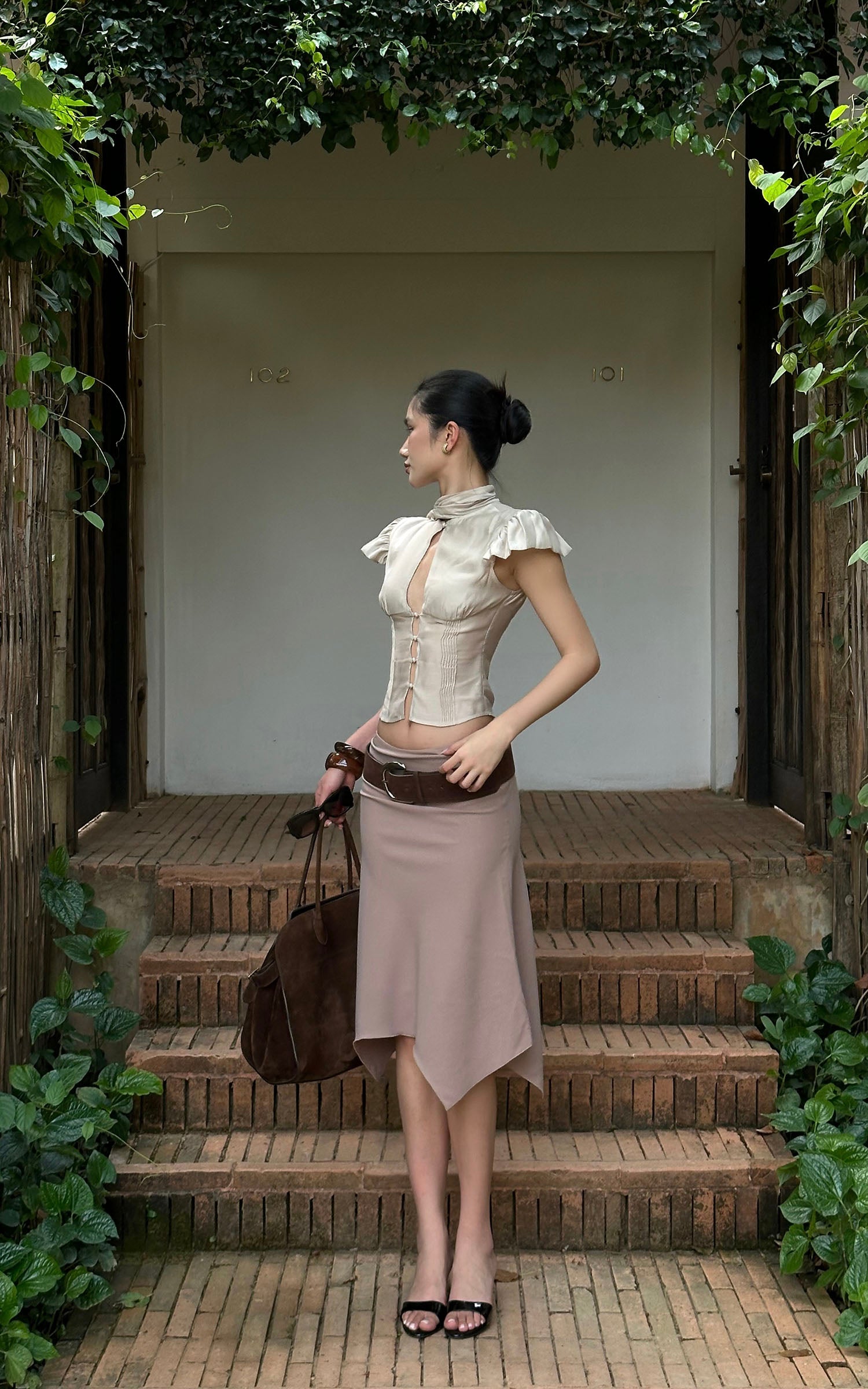 ROVENTE Asymmetric Drape Midi Skirt - PINKPARKS