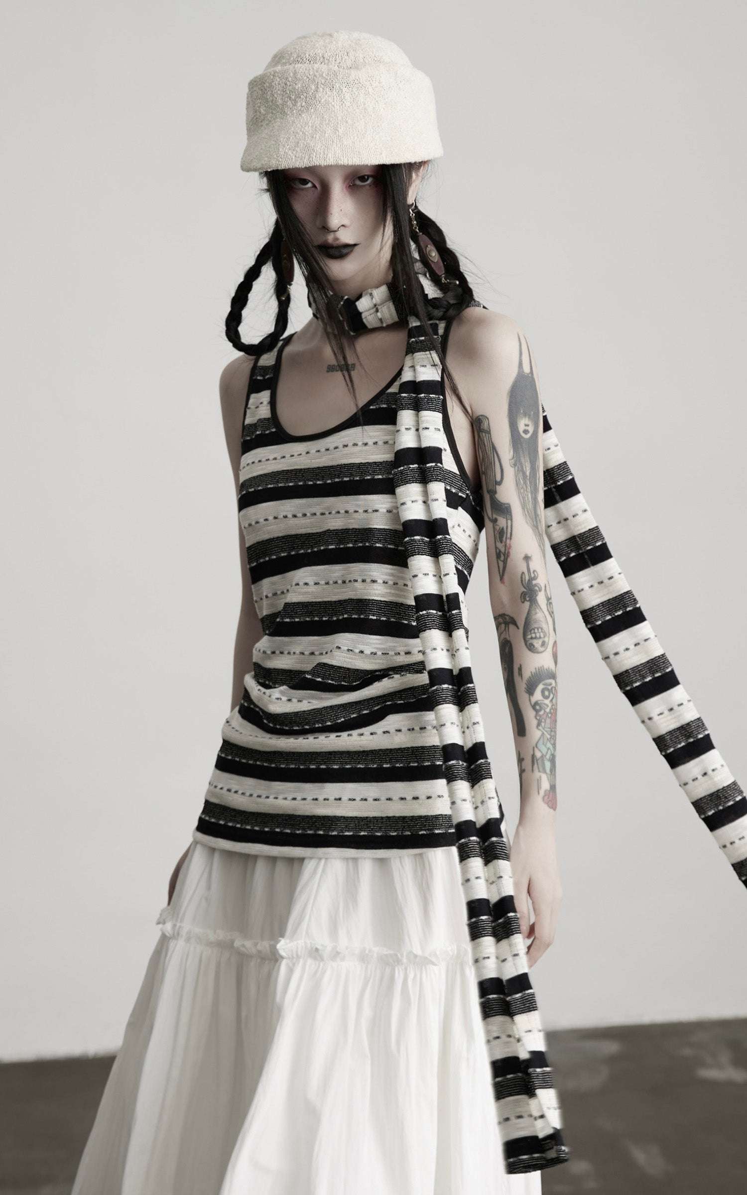 DOINDULGE Striped Deconstructed Tank Top and Elongated Scarf Set
