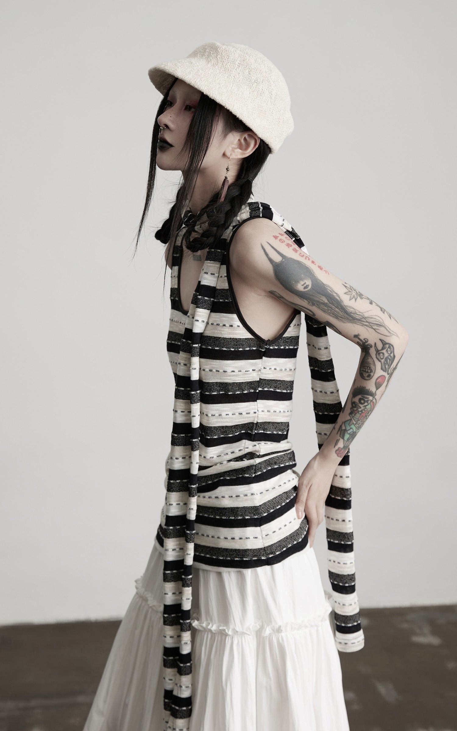 DOINDULGE Striped Deconstructed Tank Top and Elongated Scarf Set