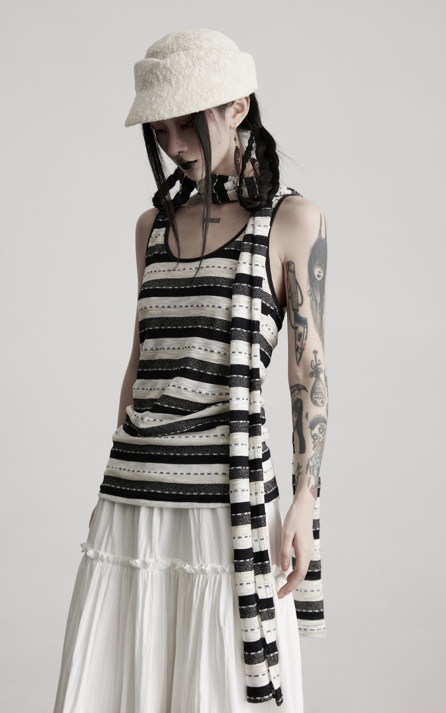 DOINDULGE Striped Deconstructed Tank Top and Elongated Scarf Set