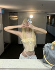 Rase le sol Sheer Mesh Corset Top with Ruffle Lace Trim - PINKPARKS