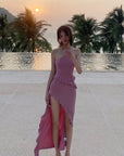 DreamyNerd Ruffle Cutout Halter Maxi Dress - PINKPARKS