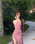 DreamyNerd Ruffle Cutout Halter Maxi Dress - PINKPARKS