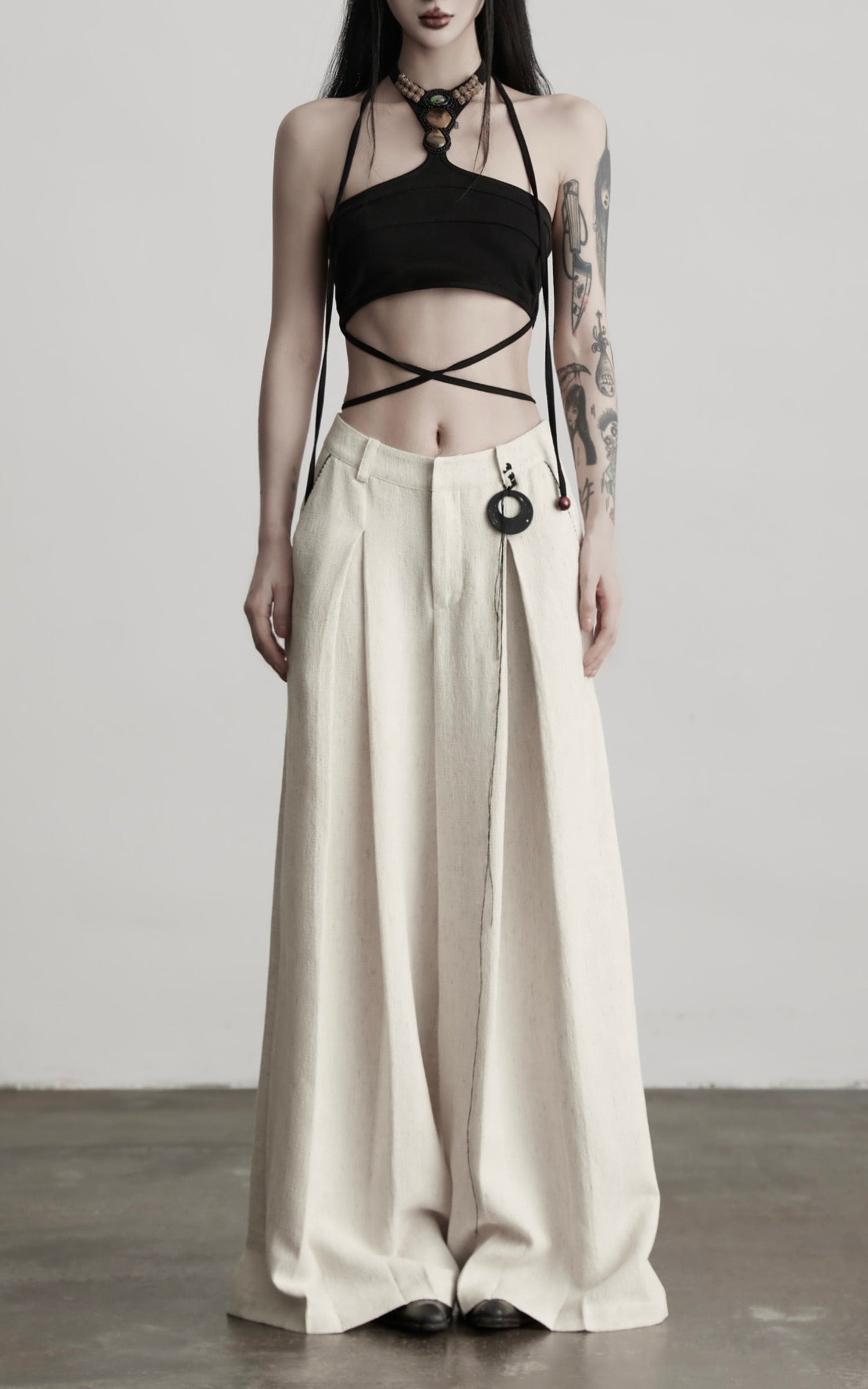 DOINDULGE Raw-Texture Wide-Leg Pants with Hand-Stitched Details